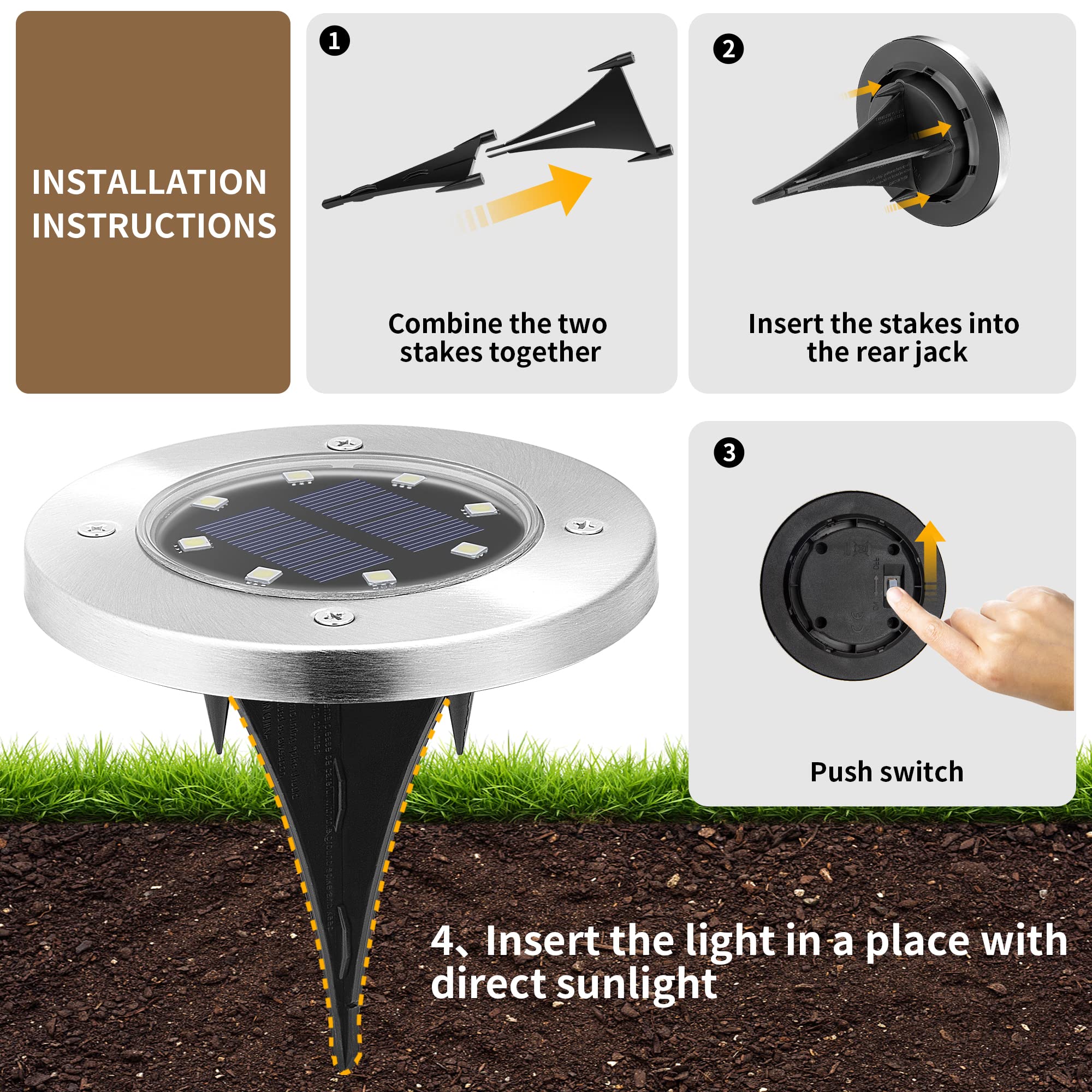 SOLPEX Solar Ground Lights, 20 Pack, Waterproof Stainless Steel & Plastic, Cool White, Model 8630 for Pathway & Garden