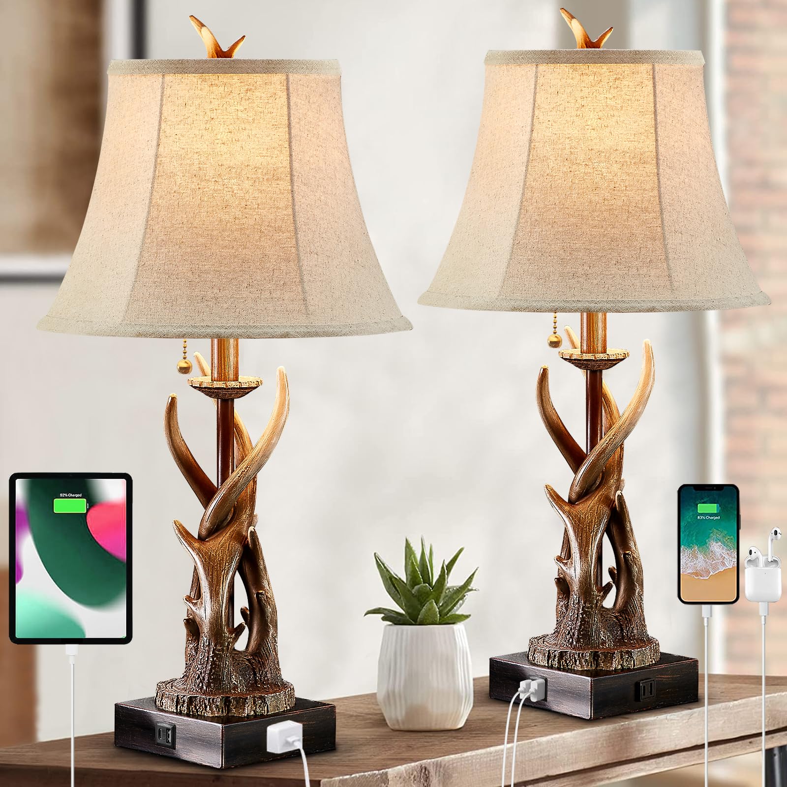 Bowobo Antler Table Lamps Set Of 2 With Usb A+C Ports For Bedroom Farmhouse Deer Rustic Bedside Lamps With Bell Shade For Living