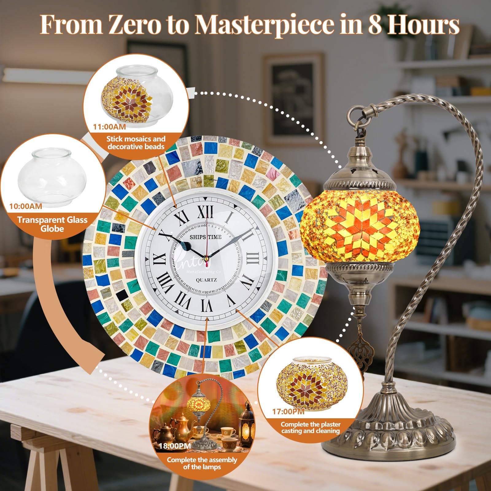 Bohmr Diy Turkish Mosaic Lamp Kit For mature-themeds Swan-Neck Stained Glass Lamp Making Kit- Easy Fun No Experience Needed  Mosaic Art & Craft Project Kits For mature-themeds & Teens Make Your Own Table Lamp Amber