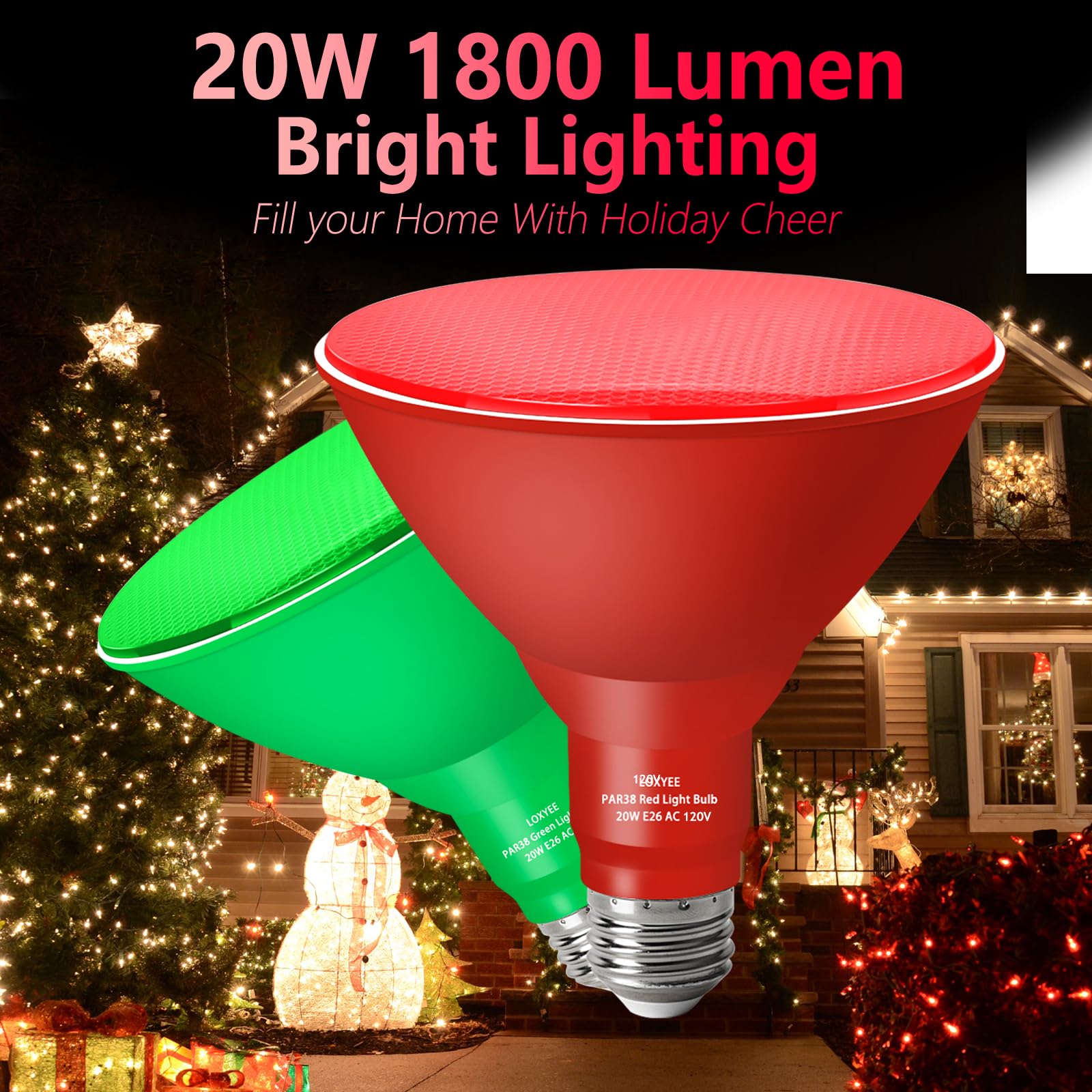 Loxyee Par38 Flood Red Green Light Bulb 2 Pack-Dimmable E26 Base Flood Light Outoor(20W Replace To 200W) Light Bulb Outdoor Porch Colored Light Spot Light Halleween Christmas Lighting