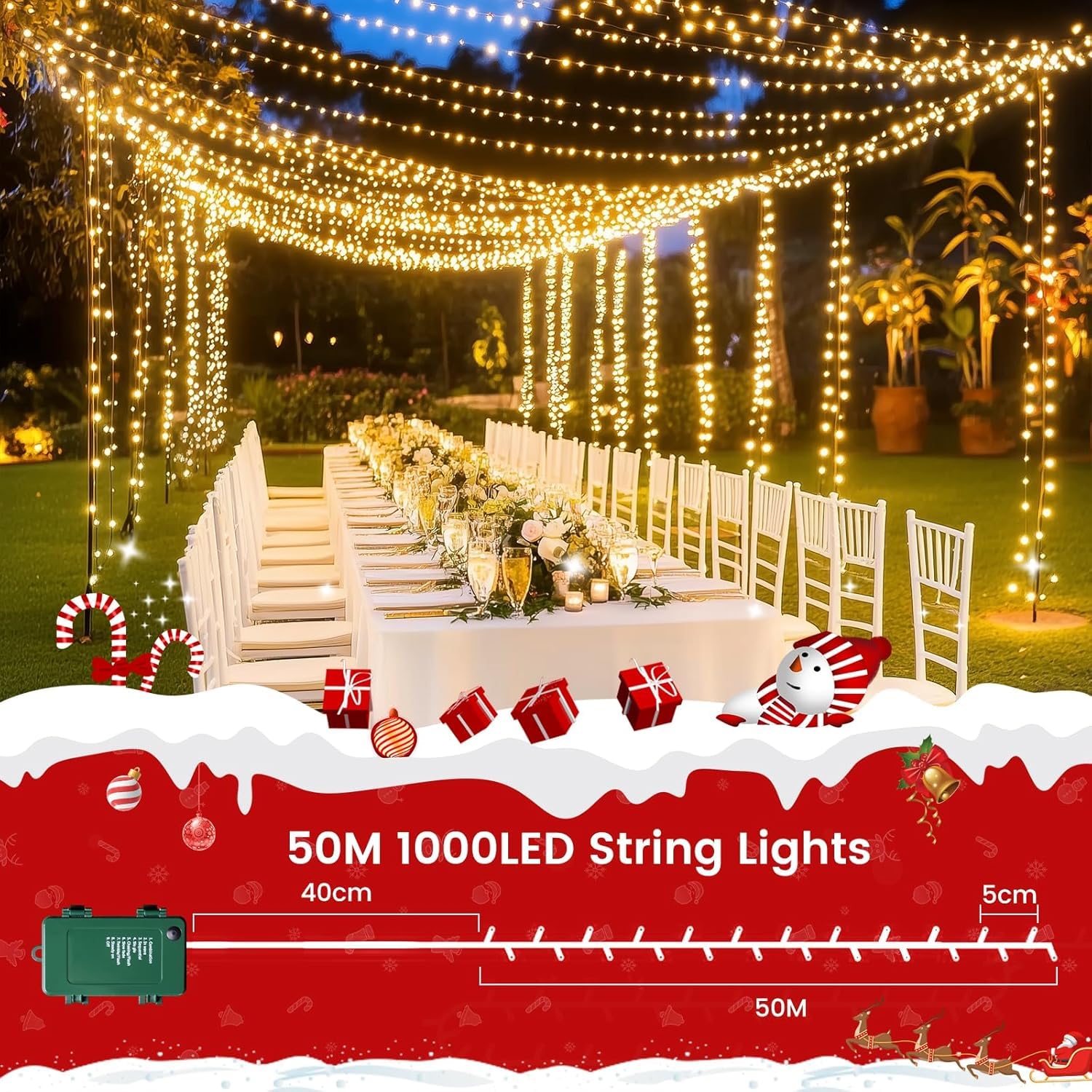 Quntis 164FT 1000LED C Battery Christmas String Lights, Warm White, 8 Modes, Timer, Indoor/Outdoor Holiday Decorations