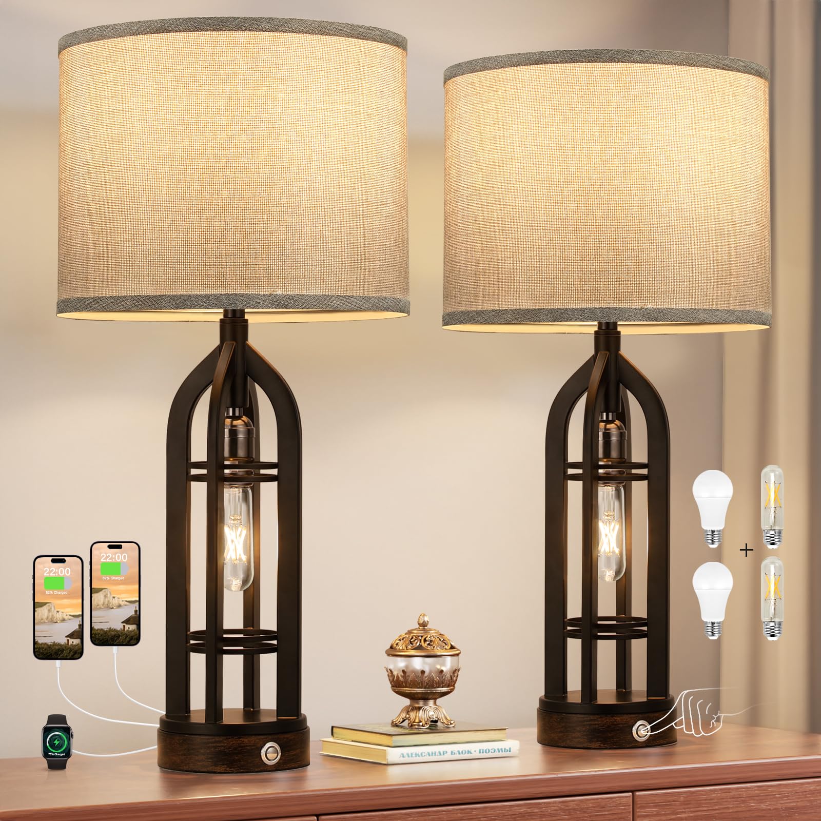 Seealle Table Lamp for Living Room Set of 2 - Bedside Lamp for Bedroom with USB C+A & Outlet, Farmhouse Lamps for Night Stands, 