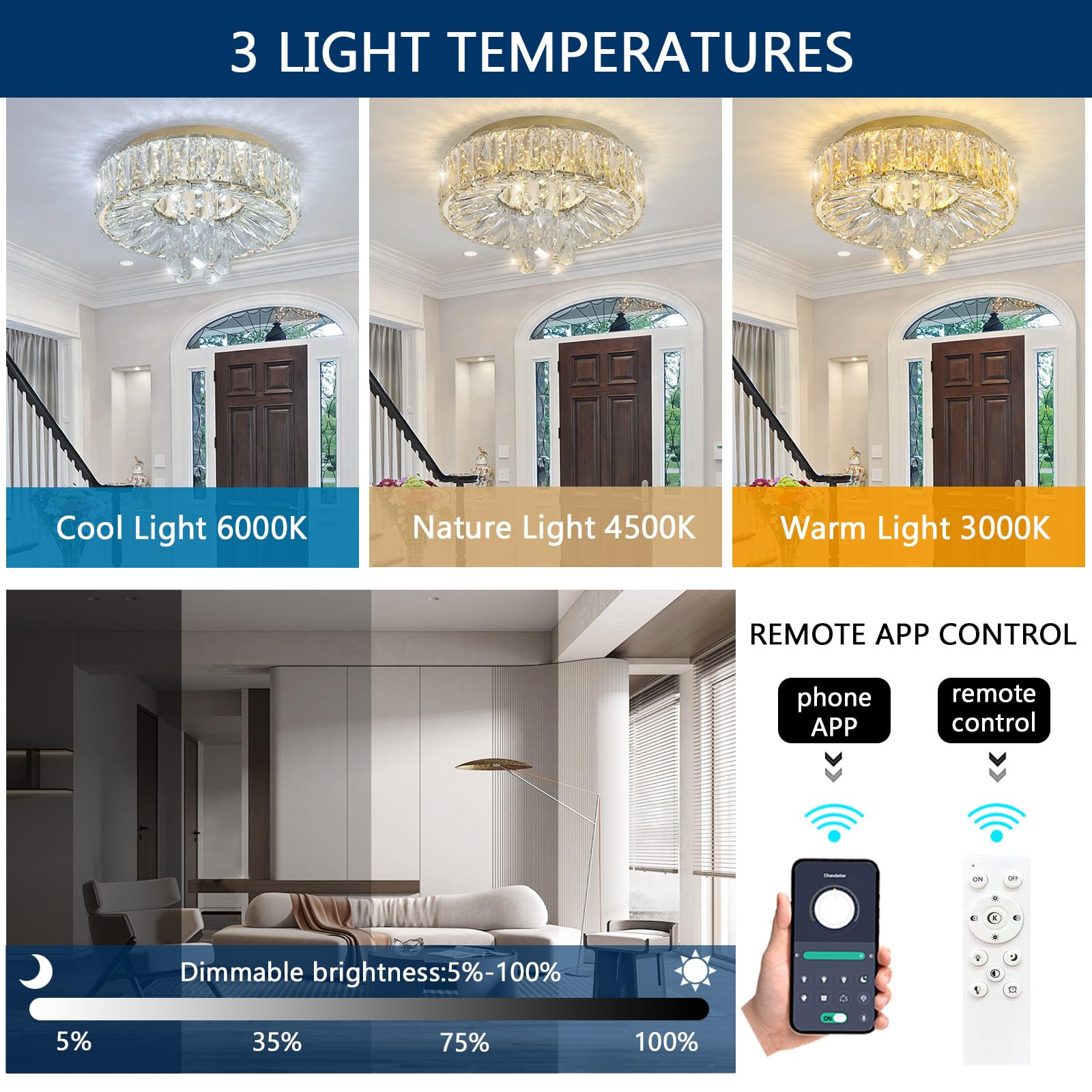 Modern Crystal Chandeliers Led Dimmable Flush Mount Ceiling Chandeliers For Living Room High Ceiling Entrance Foyer Lobby Bedroo