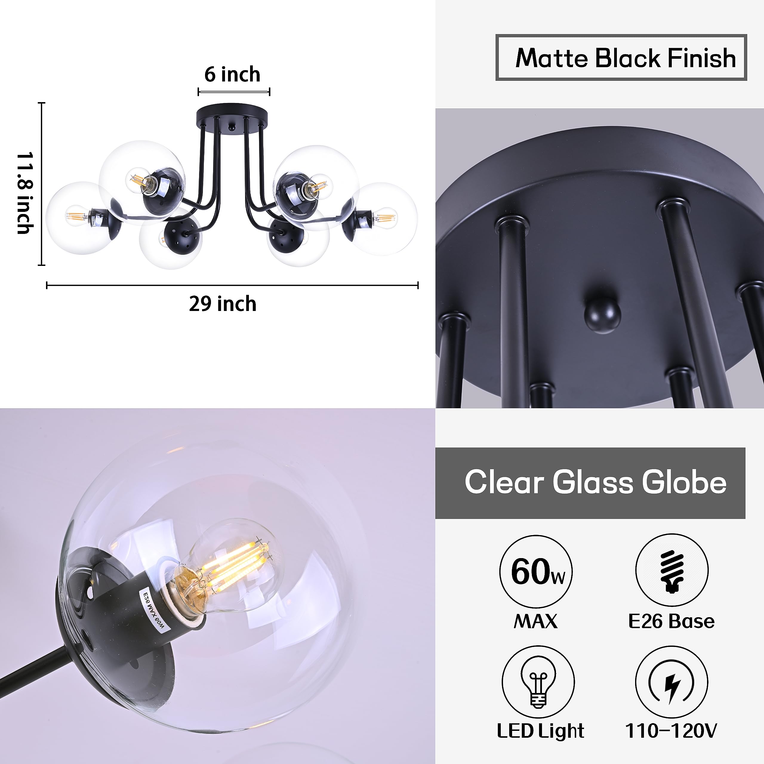 Koko&Yukina 6-Light Modern Semi Flush Mount Ceiling Light Fixture Mid Century Ceiling Light Globe Ceiling Light With Clear Glass