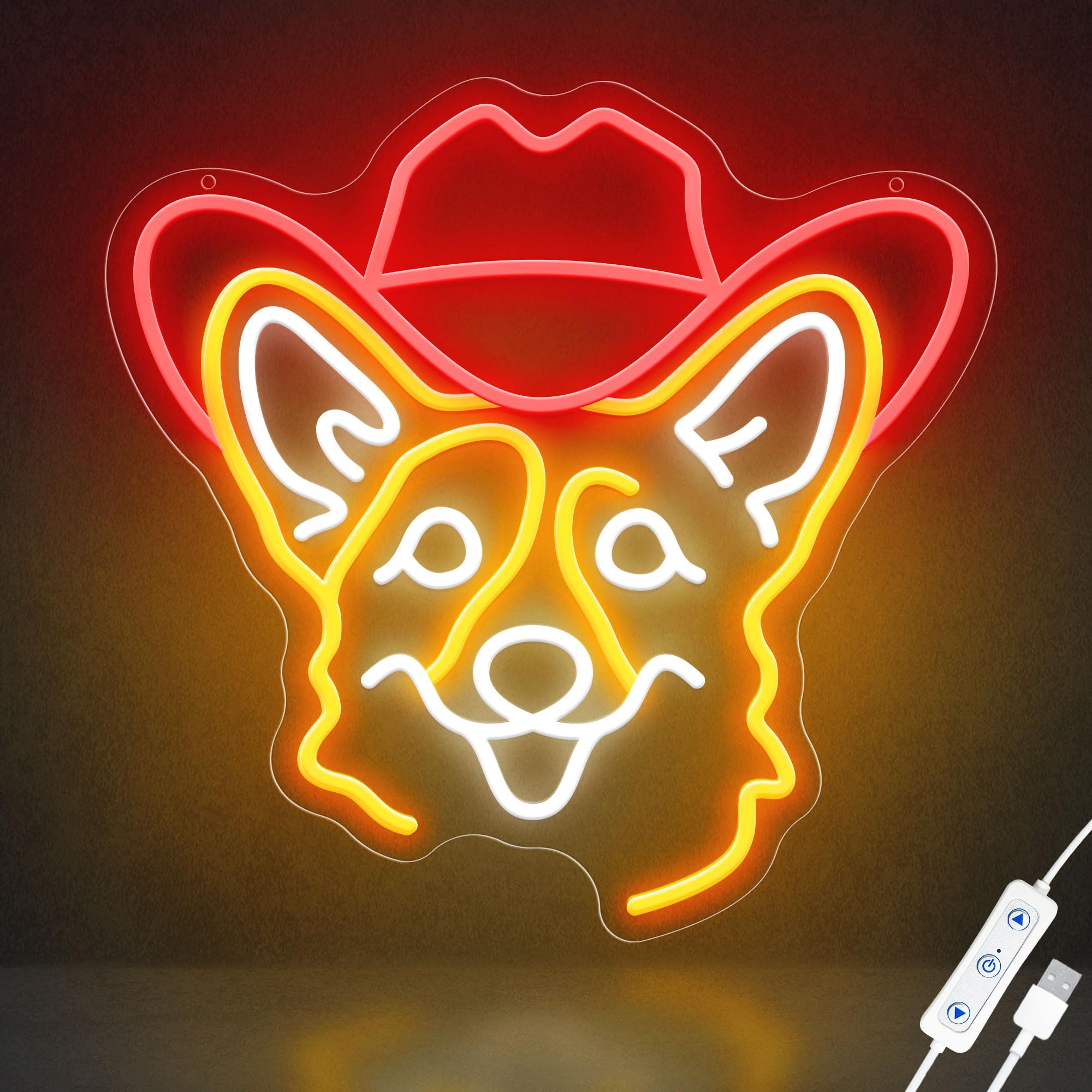 ZLOOREE Corgi Neon Sign, Dimmable LED Light for Wall Decor, 13x12.6 inches, Gold/Red/White, Model ZLOOREE