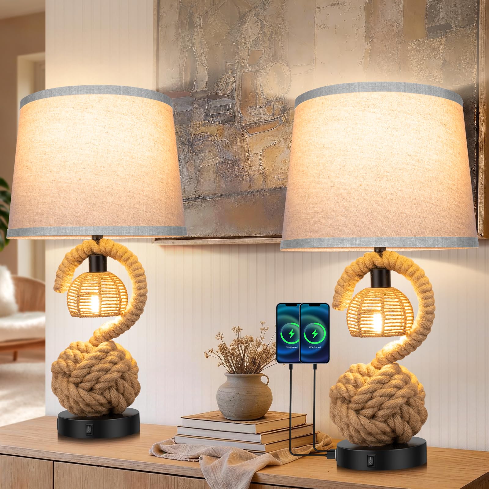 22 Rope Lamps for Night Stands, Dual-Lights Bedside Lamps Set of 2, Boho Table Lamps for Living Room, 3-Color Temperatures Boho 