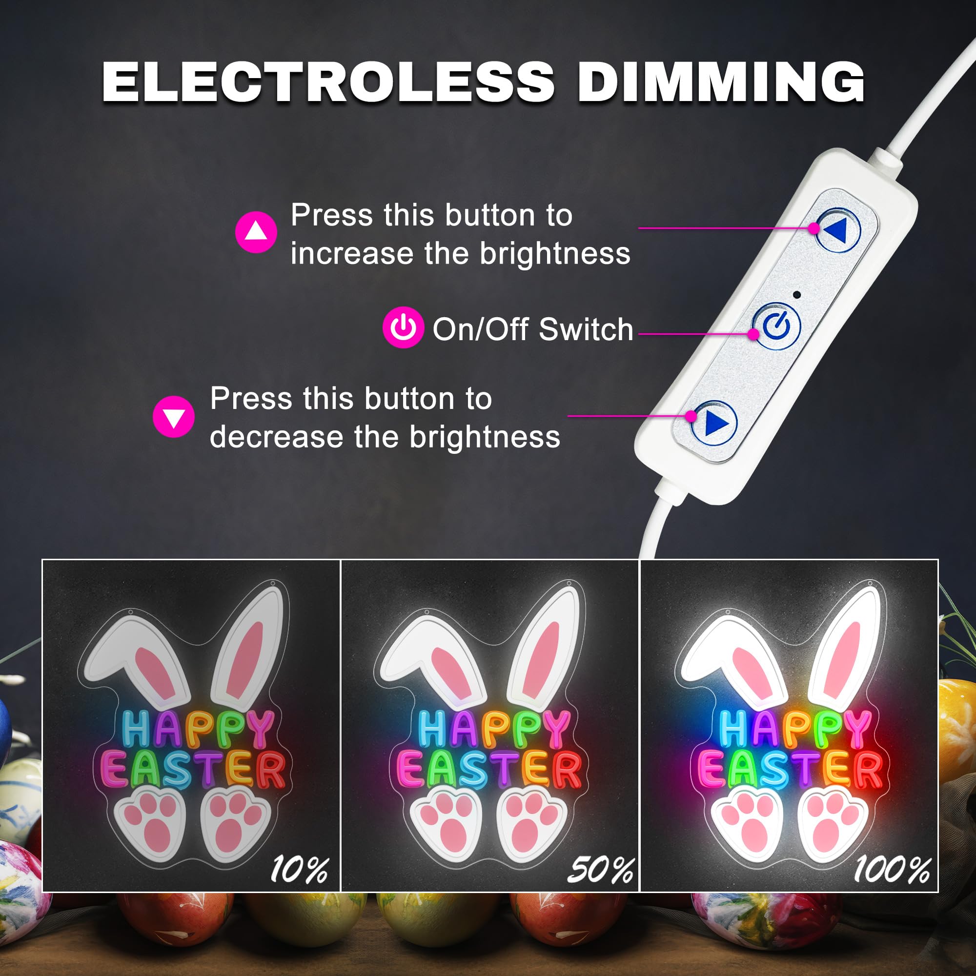 SELICOR Happy Easter Neon Sign,LED Bunny Egg Wall Decor, USB Dimmable Easter Party Decor for Easter Morning Surprises, Church Ev