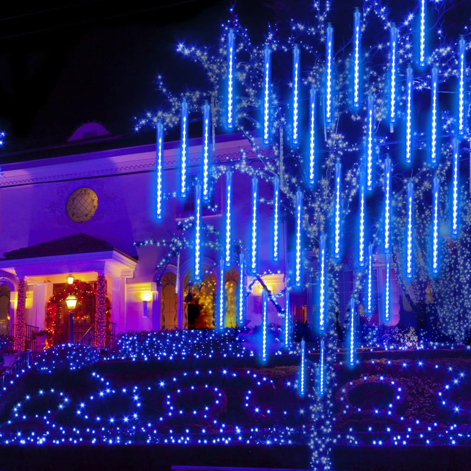 EXF Meteor Shower Lights 16 Tubes 384 LEDs Outdoor Indoor Rain Drop String Lights 2 Pack Plug in Blue Model MLS-D5V3.6WUT-O