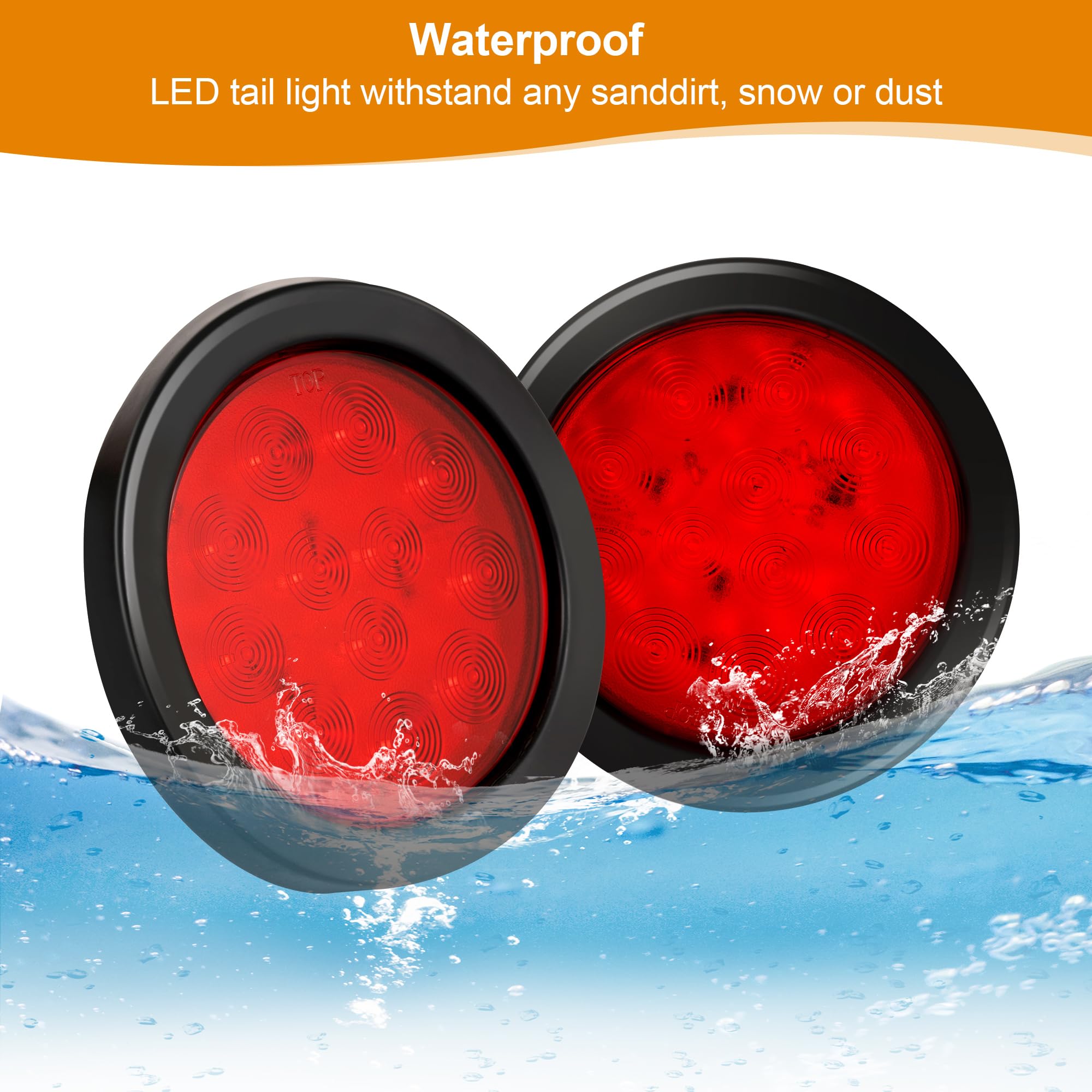 Runhwee 2Pcs 4'' Round Led Trailer Light Kit - Red 12 Led Boat Marker, Brake, Stop Turn Side Utility Tail Light - Waterproof Hit