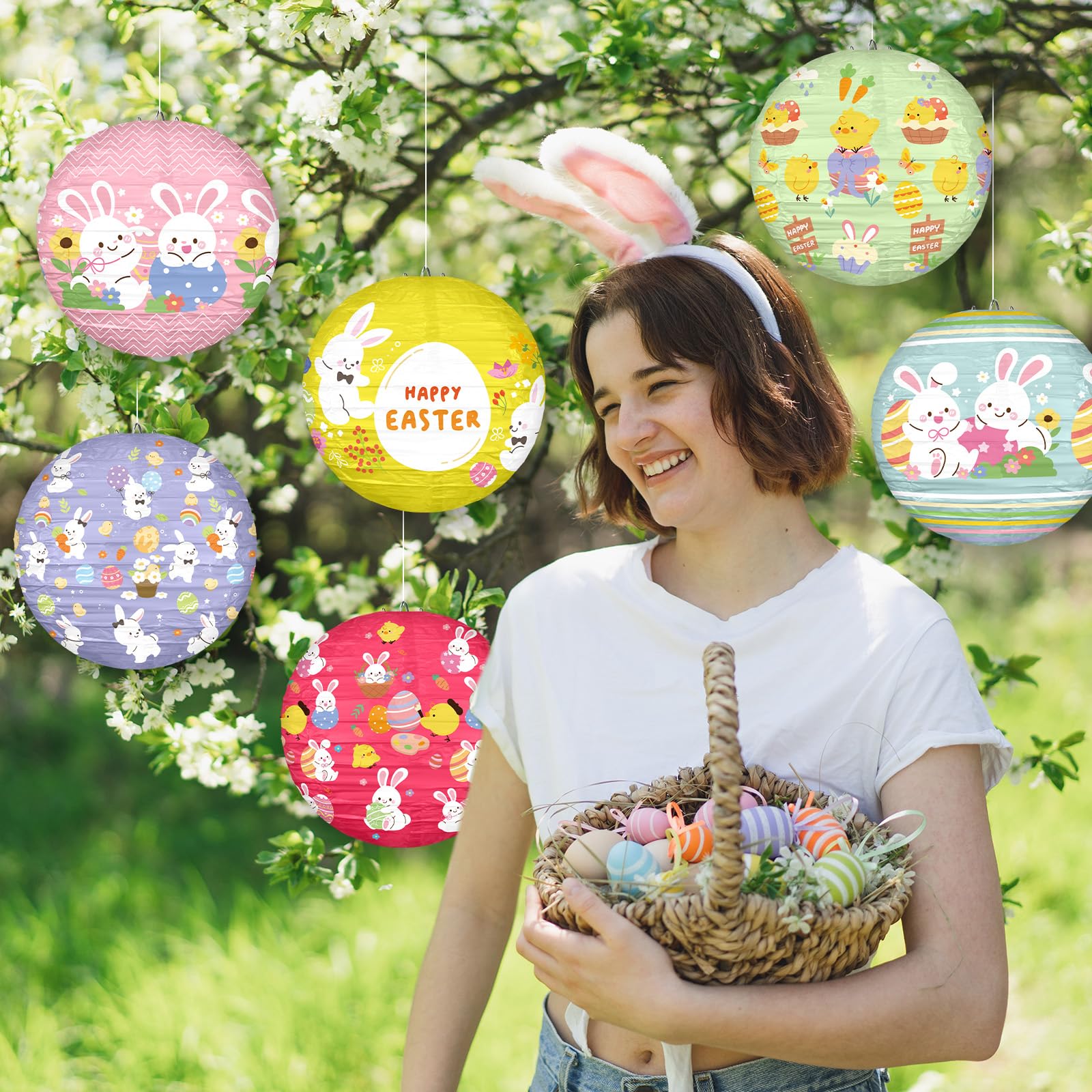 Panelee 12 Pcs Easter Paper Hanging Lanterns Party Decorations 8 Inch Pastel Cute Bunny Round Lanterns For Easter Party Office C