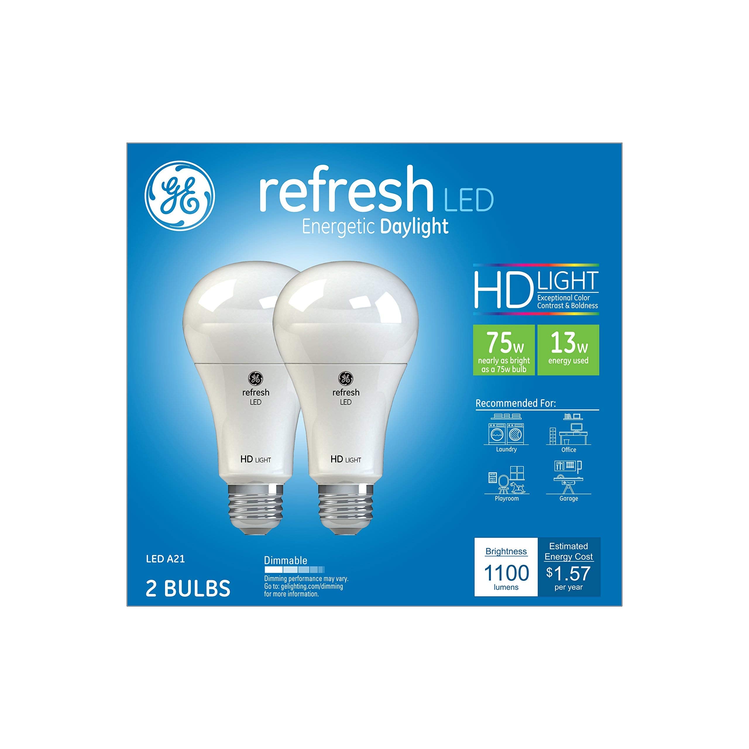 Ge Refresh Led Light Bulbs, 75 Watt, Daylight, A19 (2 Pack)