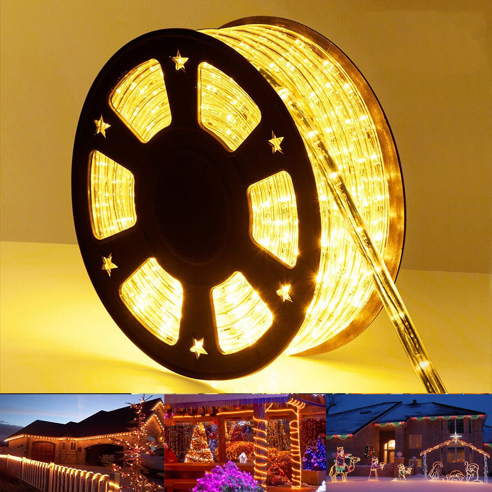 Jnaurb 200ft LED Rope Lights, Waterproof Flexible Tube Lights, 1440 LEDs, Warm White, 8 Modes for Outdoor & Indoor Decoration