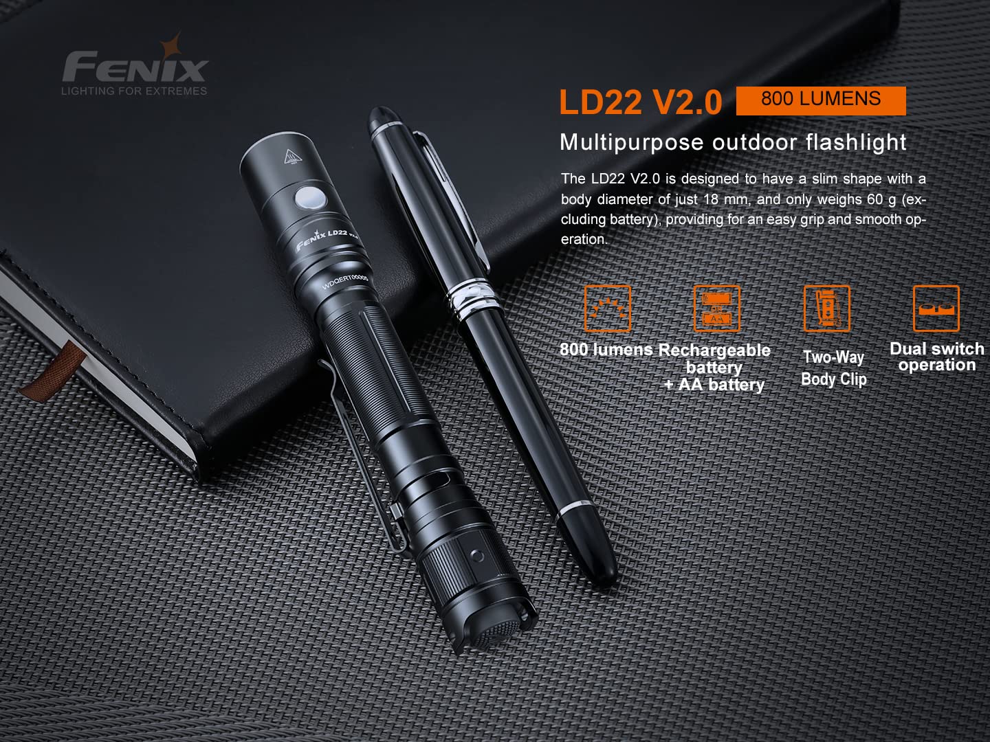 Fenix LD22 v2.0 AA Flashlight, 800 Lumen, Rechargeable, Black, Aluminum