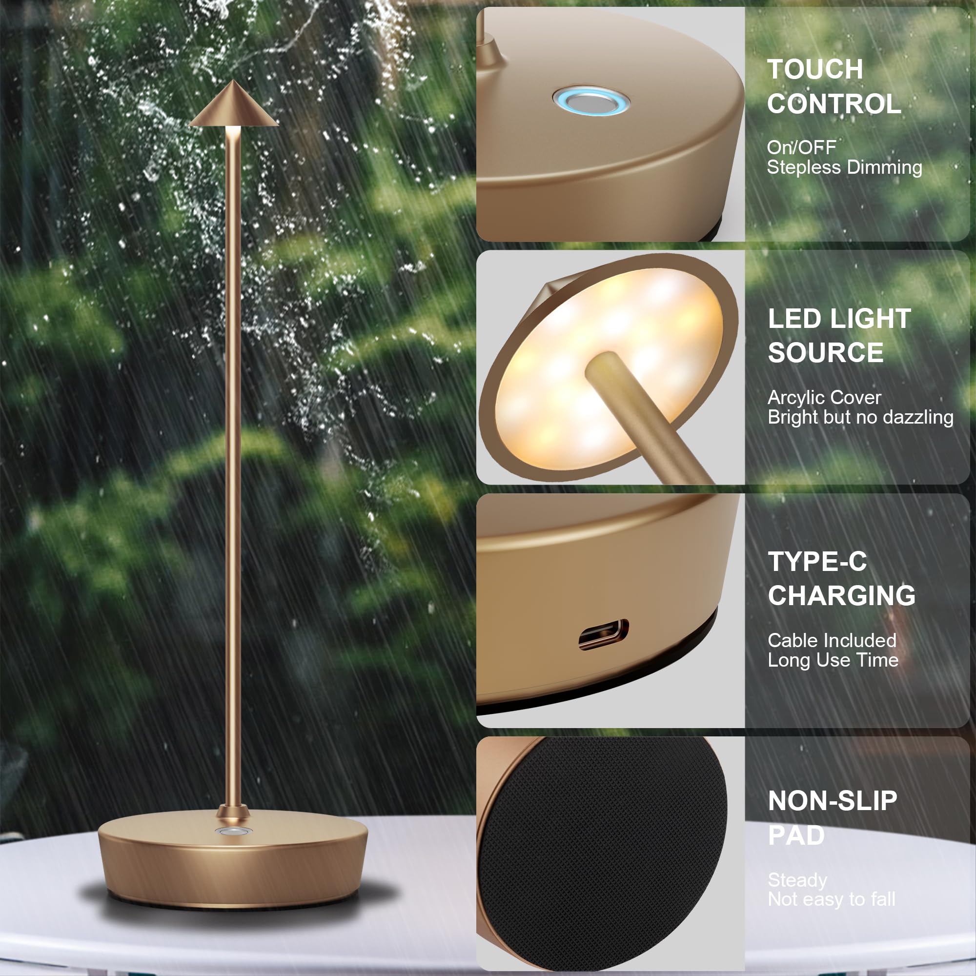JALVDE Cordless Table Lamp, Rechargeable LED, Dimmable, Aluminum, Set of 2, Titanium, Model D-W-07