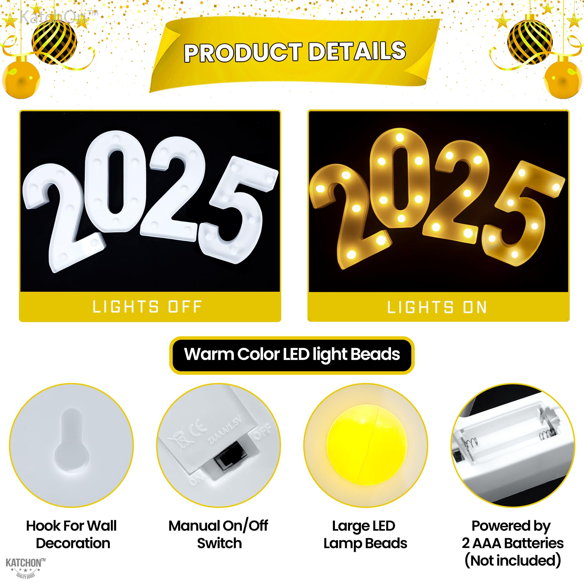 KatchOn LED Light Up Numbers 2025 Sign | 8.2 Inch Graduation Decoration | 2024 Light Color | Model KA-N24-PL-GD-HNYLGT