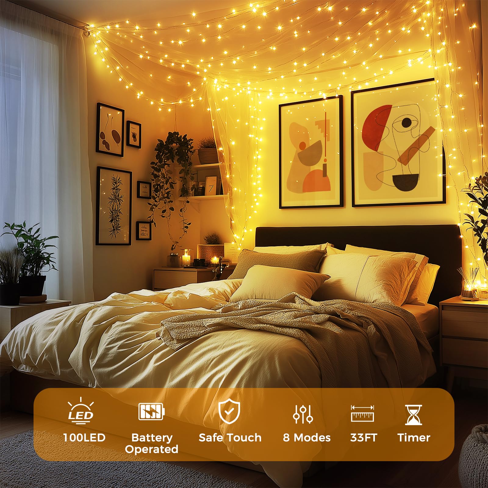 Wdtpro Fairy Lights Battery Operated With Remote, 33Ft 100 Led Battery Powered String Lights With Timer, Outdoor Waterproof 8 Modes Twinkle Lights For Bedroom Indoor Christmas Decor Warm White, 4 Pack