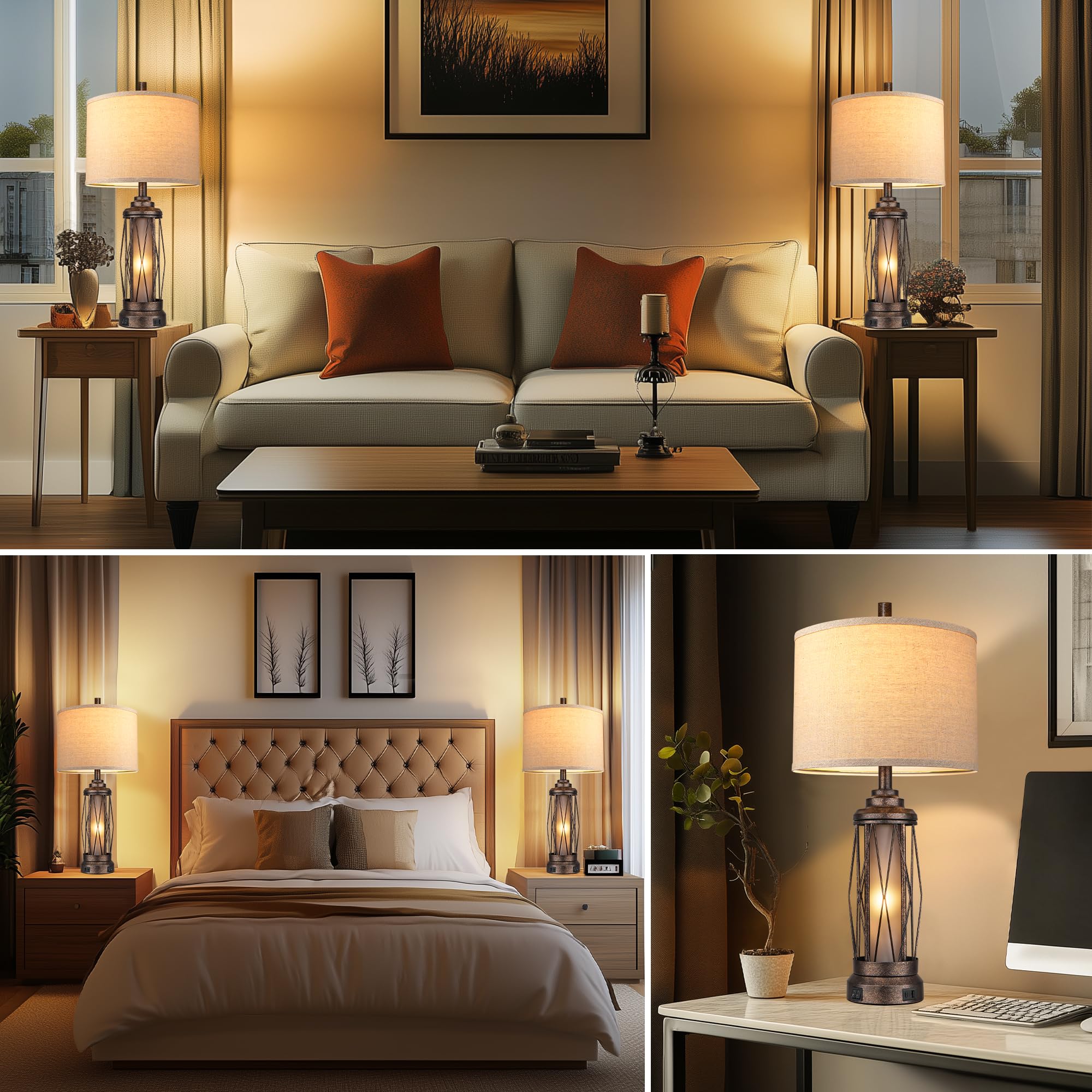 QiMH Rustic Farmhouse Table Lamp with USB Charging Ports, Frosted Glass, Bronze - Model STR-DL-SW04, 4 Bulbs Included