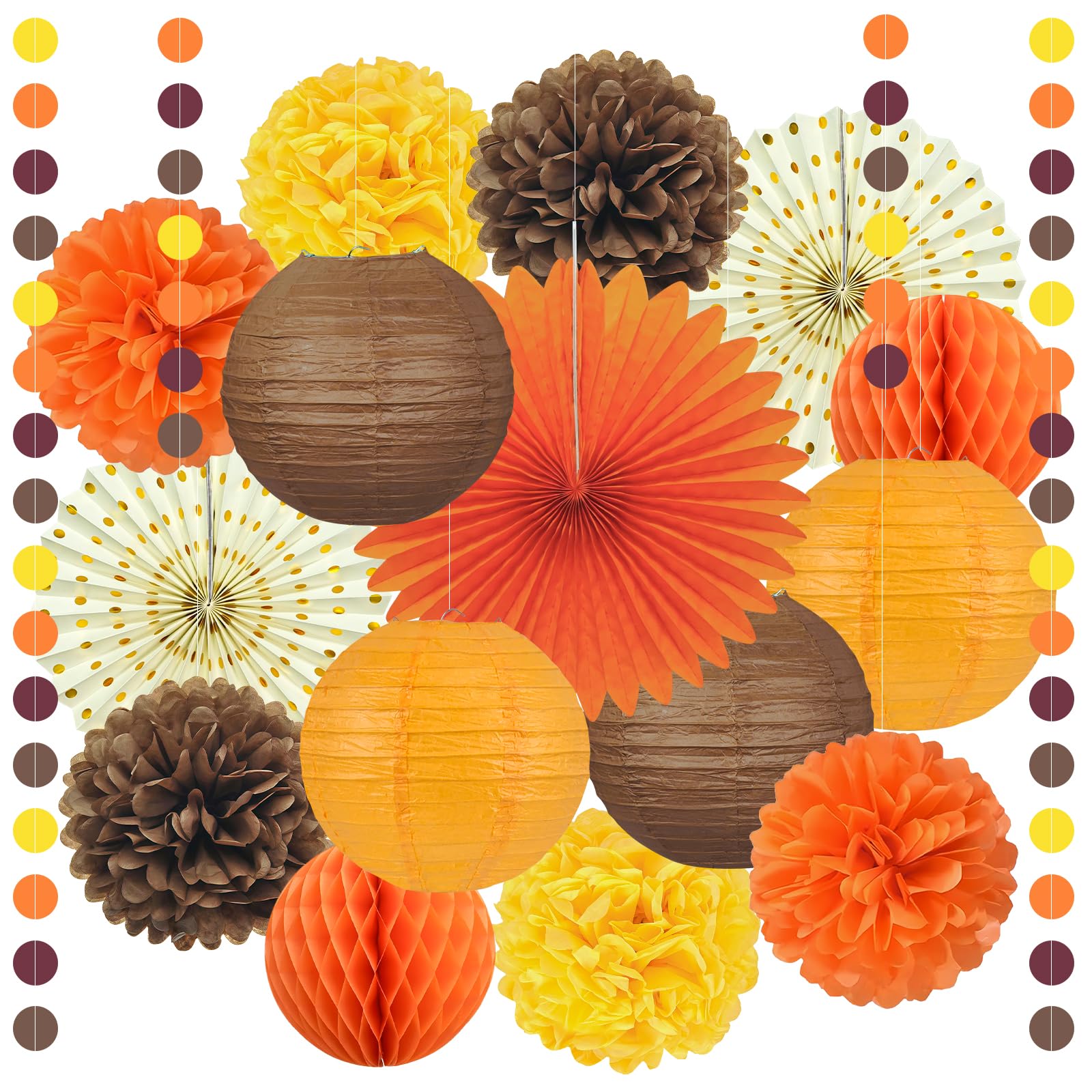 16Pcs Fall Decorations Kit, Hanging Brown Yellow Orange Paper Lanterns Fans Flower Pom Poms for Office Home Indoor Outside Birth