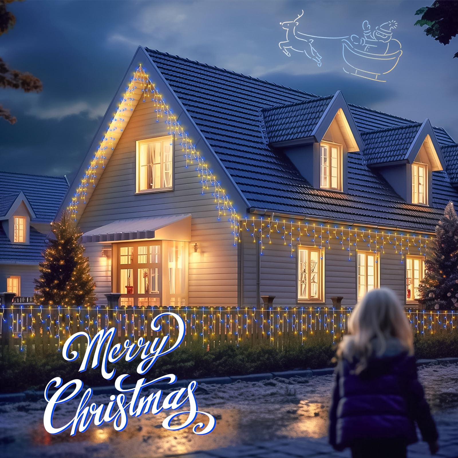 Beewin 200Ct Blue&Clear Mini Icicle Christmas Lights, 23Ft White Wire Incandescent Bulb String Lights, Connectable Indoor Outdoo