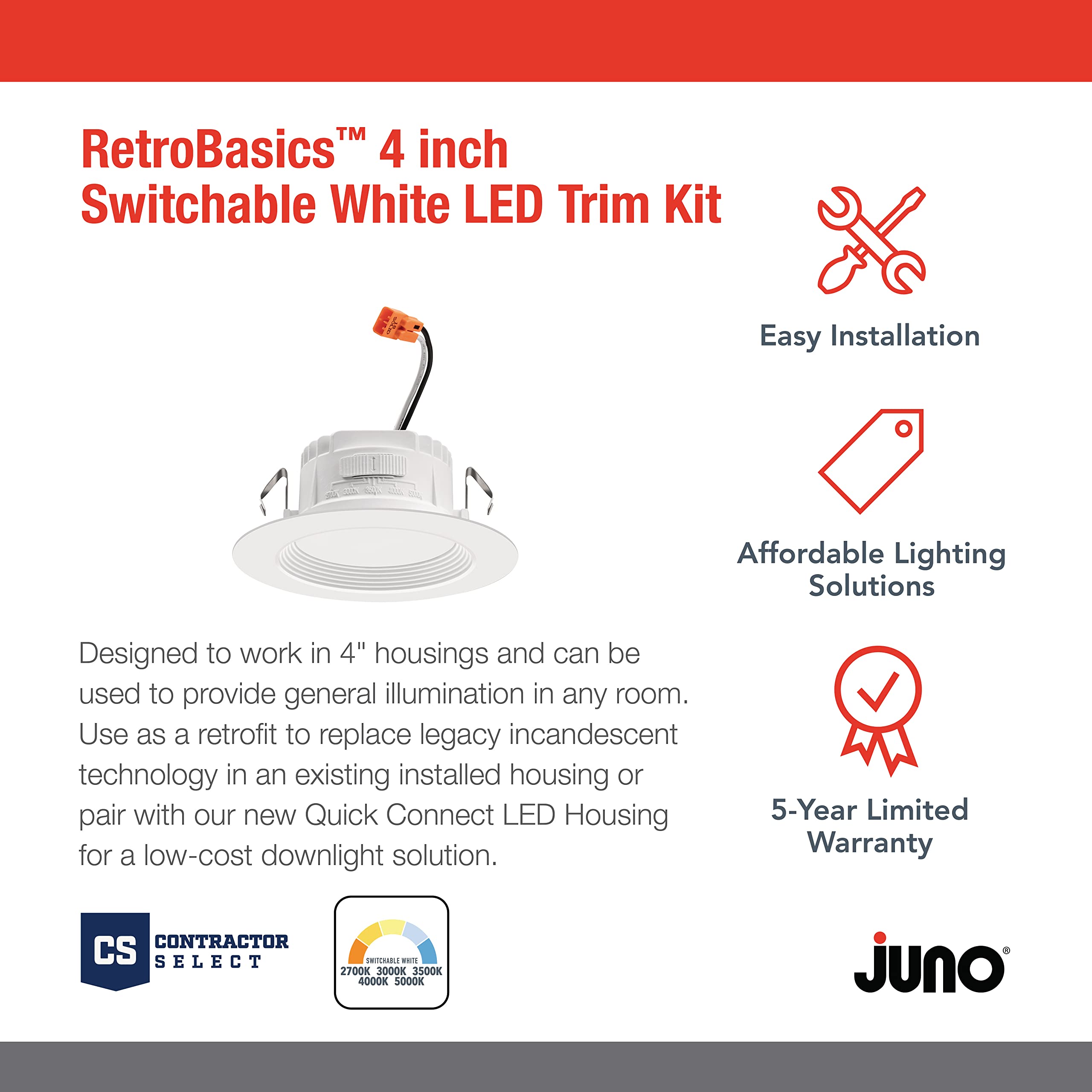 Juno Rb4 Sww5 Mw M6 Retrobasics Downlight Trim Kit, Switchable Led White, Baffle Trim, Switchable Cct, 2700K, 3000K, 4000K, And