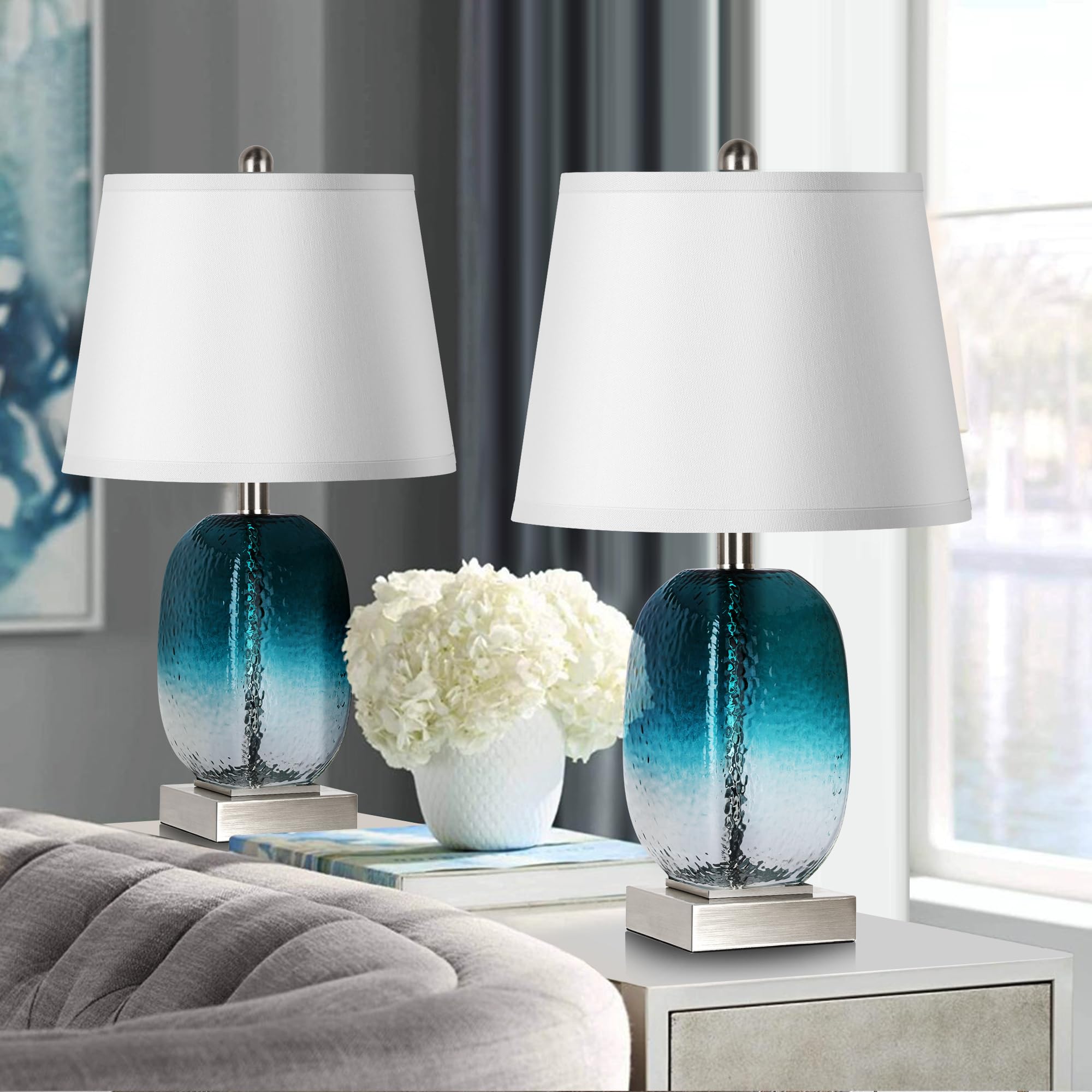 Partphoner Table Lamp Set Of 2 - Touch Control, 3-Way Dimmable, Teal Glass, Usb Ports, Led Bulbs Included, Modern Coastal Design