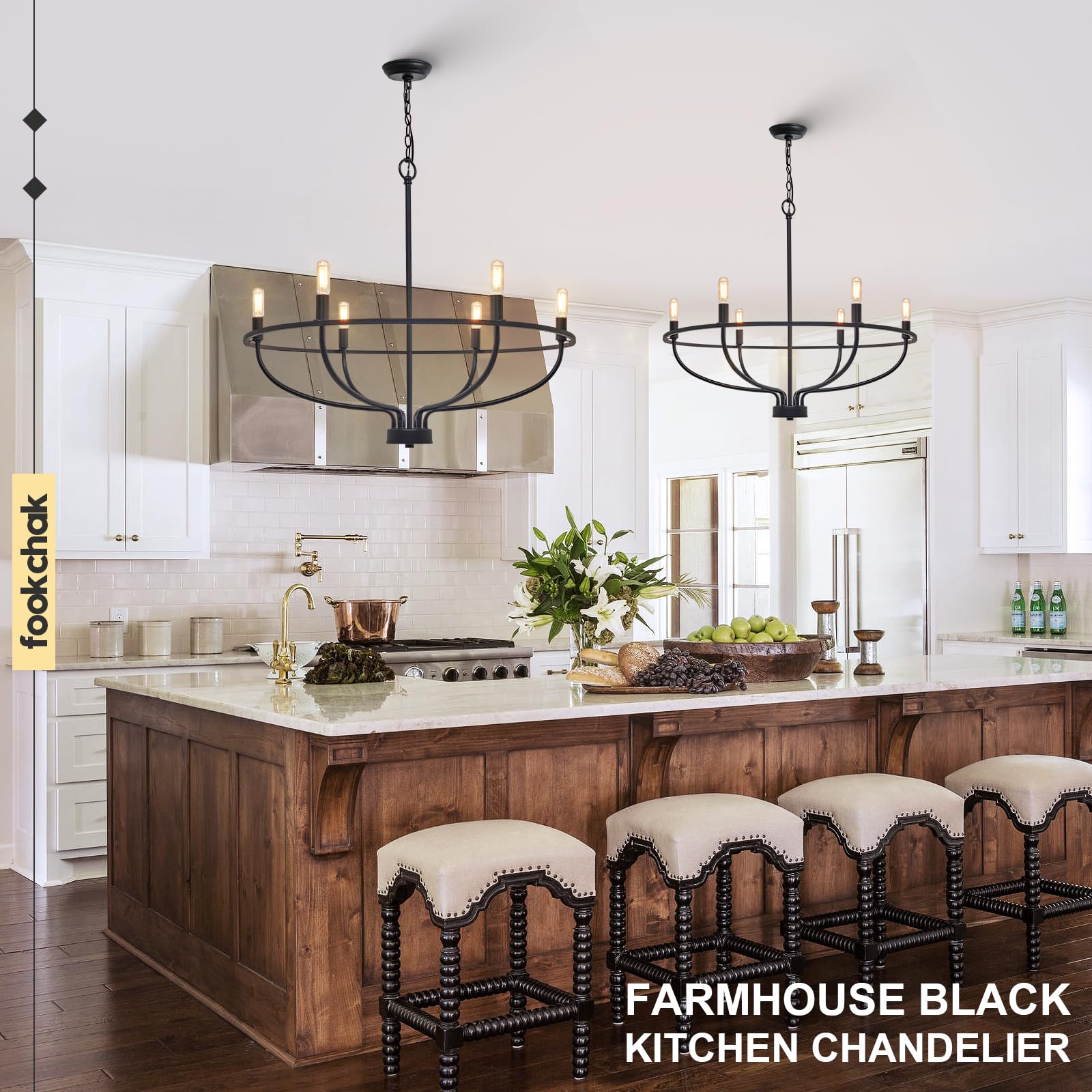 FookChak 6-Light Black Metal Chandelier - Farmhouse Candle Hanging Light Fixture for Dining Room, Kitchen, Bedroom, 28.54in
