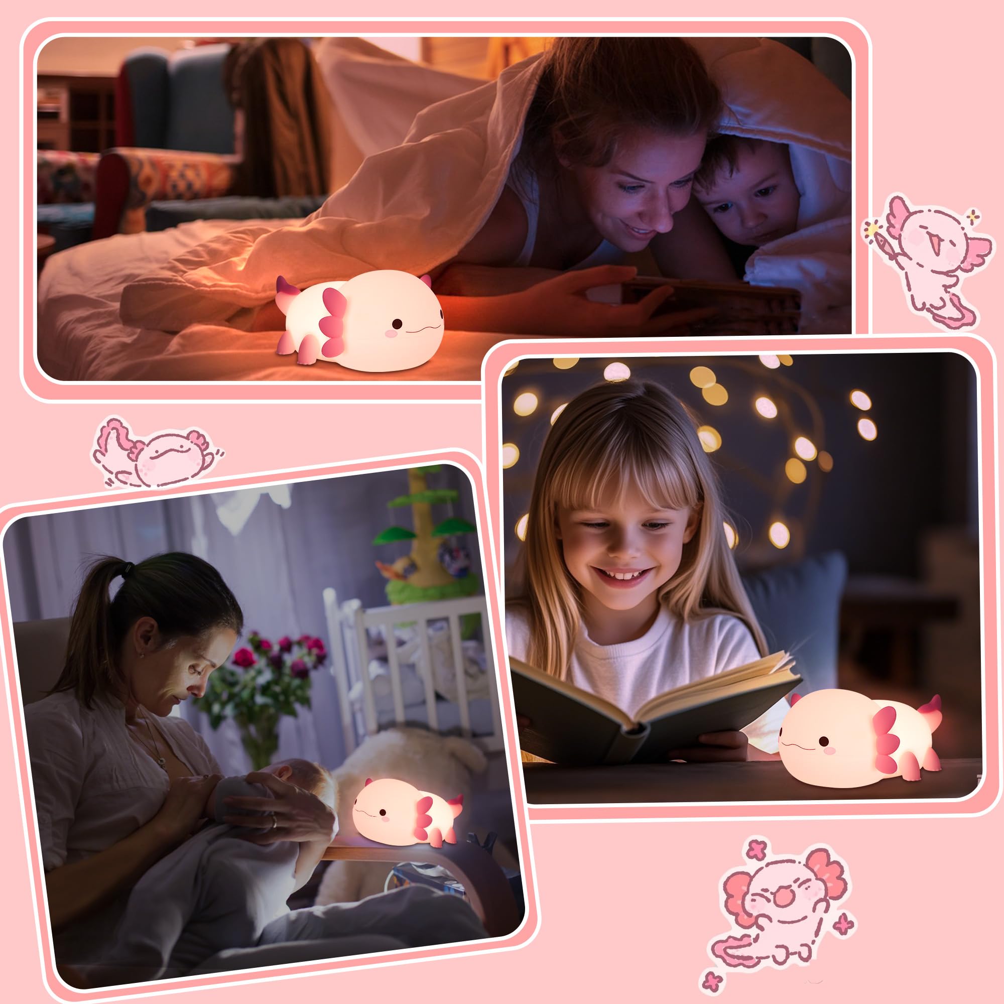 Okayera Axolotl Night Light - Silicone Lamp, Dimmable, Timer - Pink - Model DS-AX-01 - Cute Bedside Decor for Kids