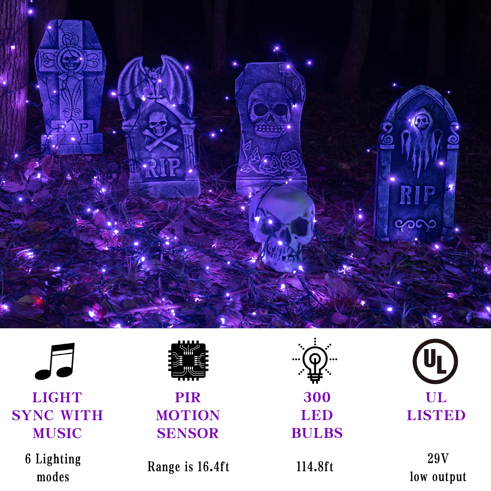 Rotu Halloween Lights Outdoor 114.8 Ft 300 Led String Lights With Music Sync Spooky Sounds Halloween Decorations Fairy Lights Indoor Waterproof For Yard Porch Haunted House Decor (Purple)
