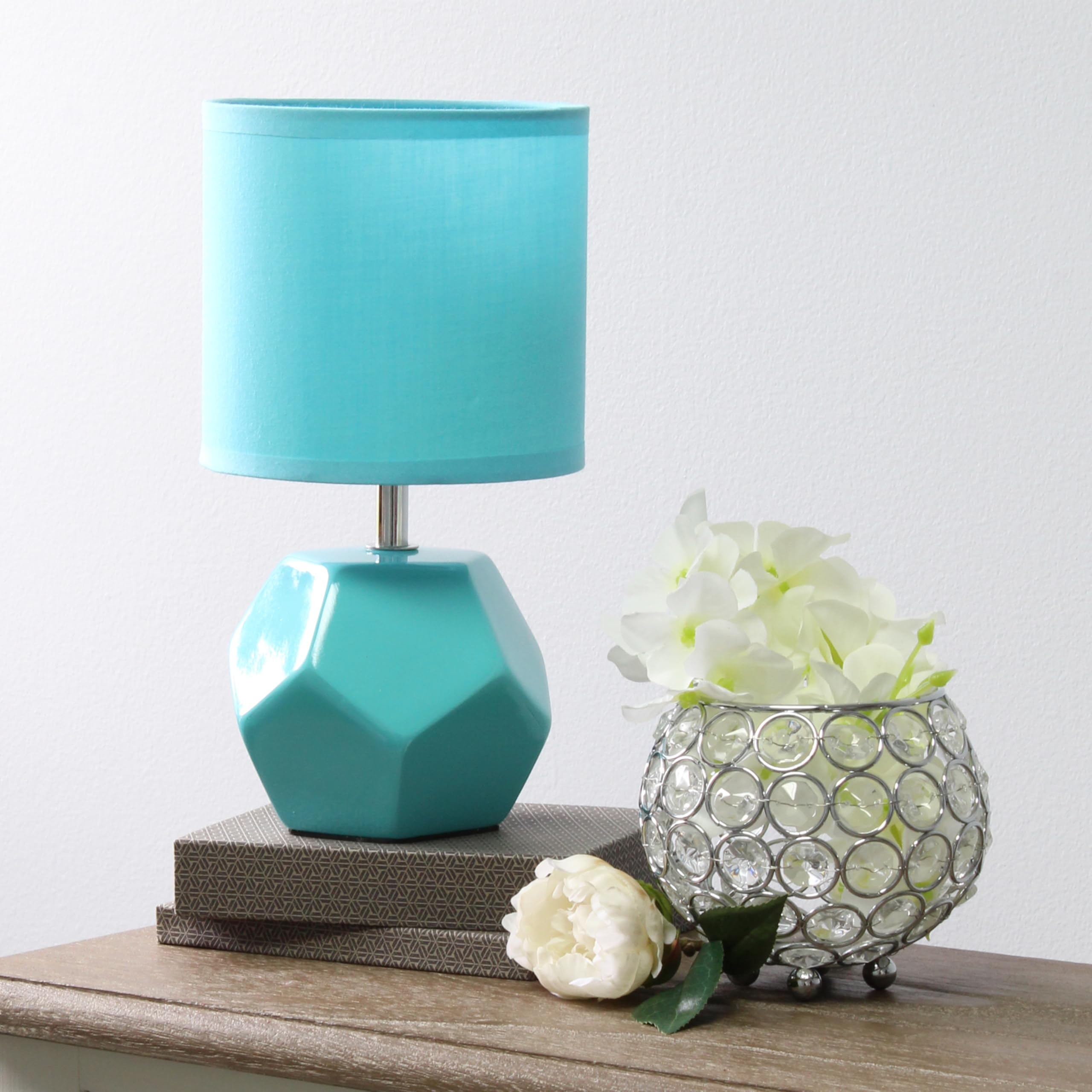 Simple Designs Lt2065-Blu-Lb 10.24'' Round Geometric Prism Mini Table Lamp With Matching Fabric Shade, Led Bulb Included, Blue