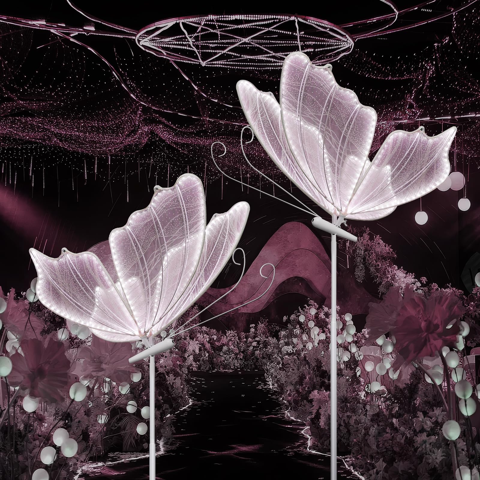 Wedding Butterfly Led Floor Lamp: Hanging Butterfly White Color Ceiling Light - Romantic Wedding Decoration Lights Fixture - Adjustable Height Creative Butterfly Props (1, 60 Cm/23.6 In(Pink Light))
