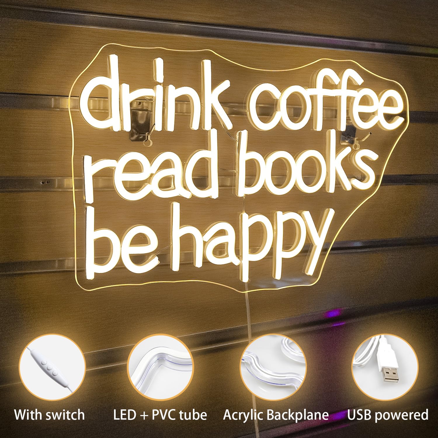 Looklight Neon Sign - Drink Coffee Read Books, Warm White LED Light for Wall Decor, USB Dimmable, Coffee Book Color