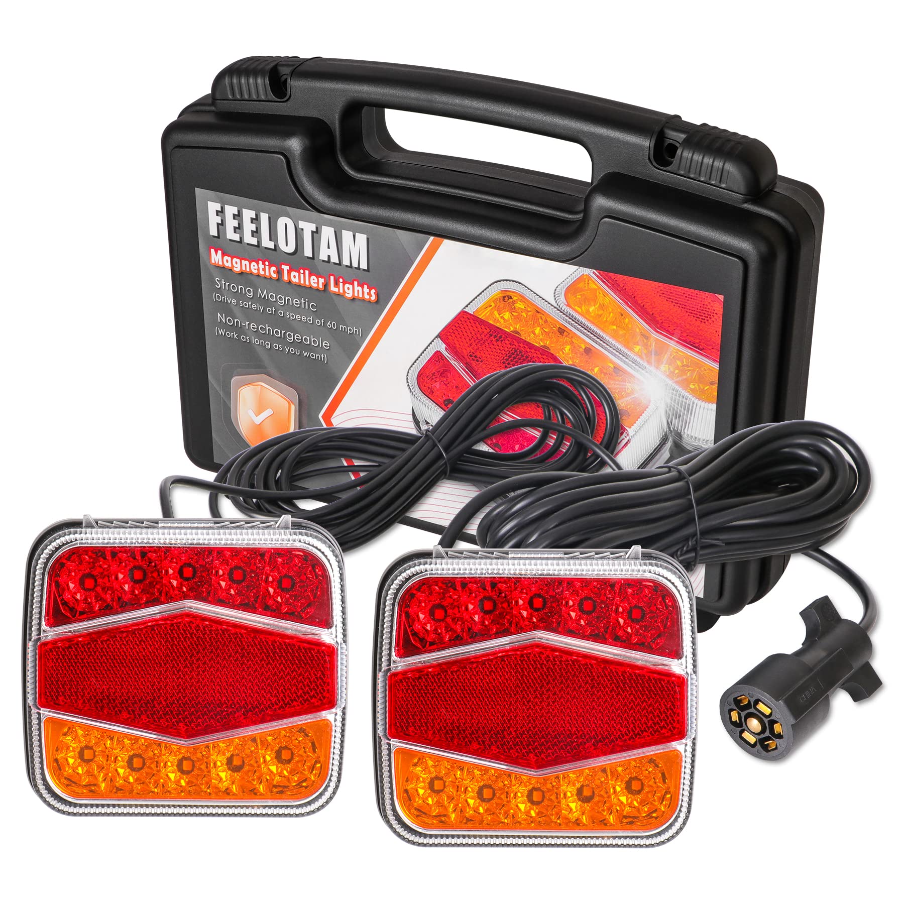 FEELOTAM Magnetic Trailer Lights Kit - 24ft Cable, 7 Pin Plug, Waterproof, Red Amber for Trucks, Trailers, RVs, Cars