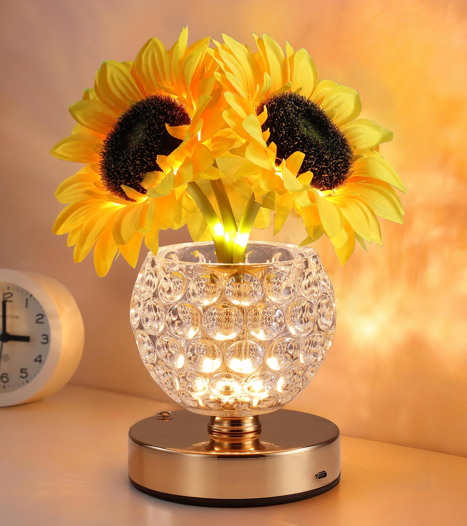 AIHYING Sunflower Lamp, Rechargeable Cordless Touch Lamp with 3-Color Dimming, Crystal Flower Night Light for Bedroom, Gift for 