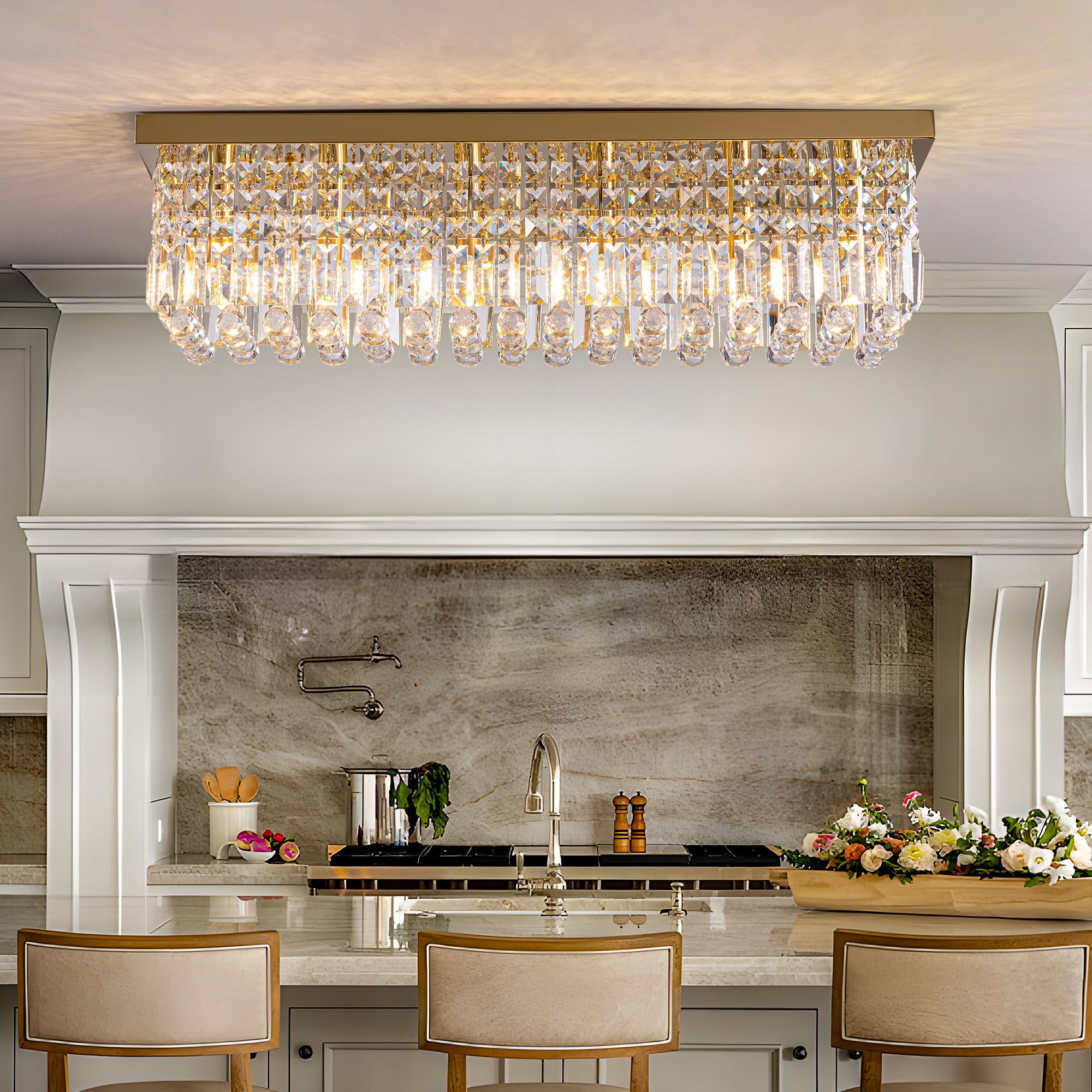 Tinkoso 10-Light Gold Crystal Chandelier, Rectangular Flush Mount Pendant Light, L47" x W10" x H10", Stainless Steel for Dining Room & More