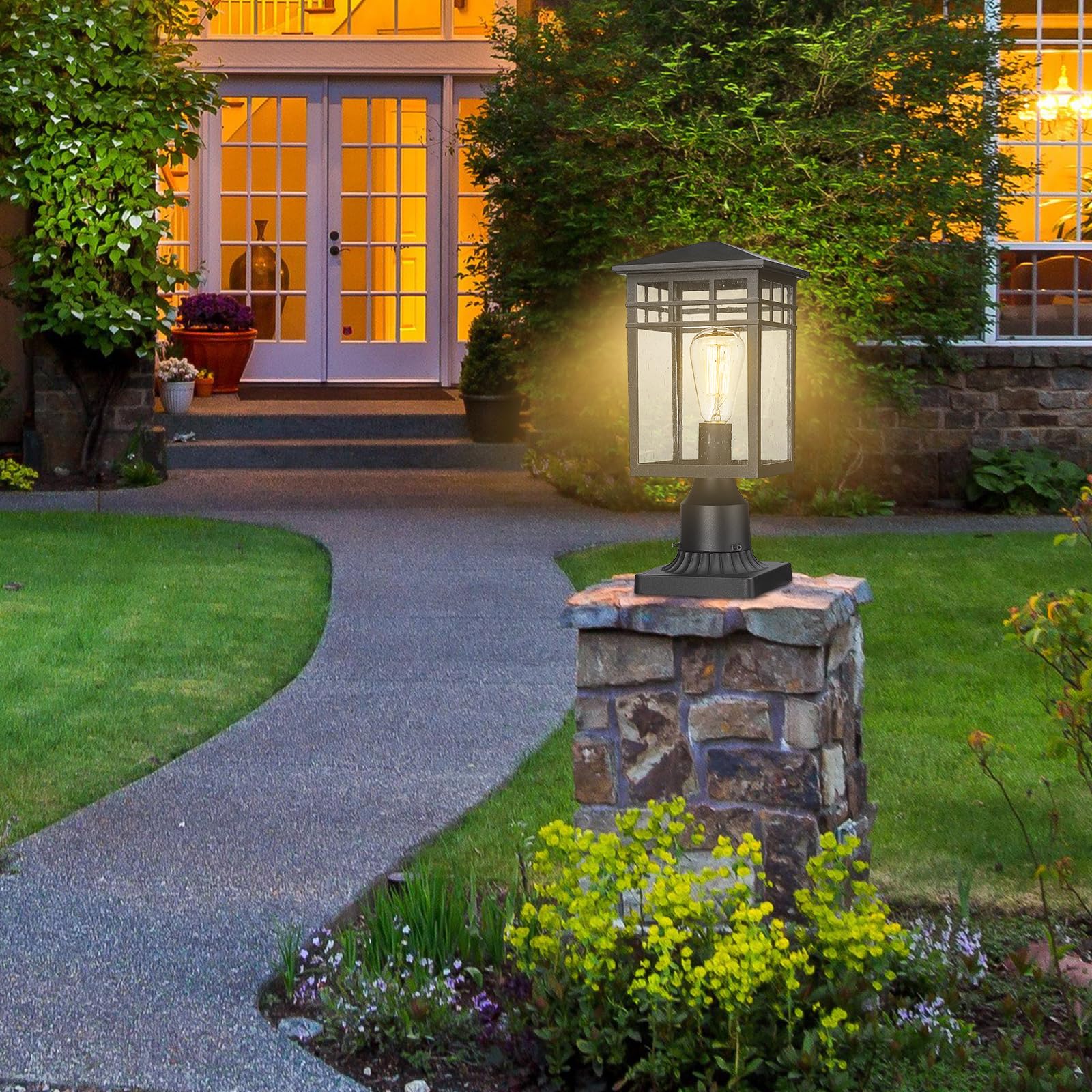 Diyel Outdoor Post Light Fixture, Modern Exterior Pillar Lantern With Black Finish & Seeded Glass, Pole Light For Garden, Backyard, Courtyard, Patio, Porch, Rz009-P Bk