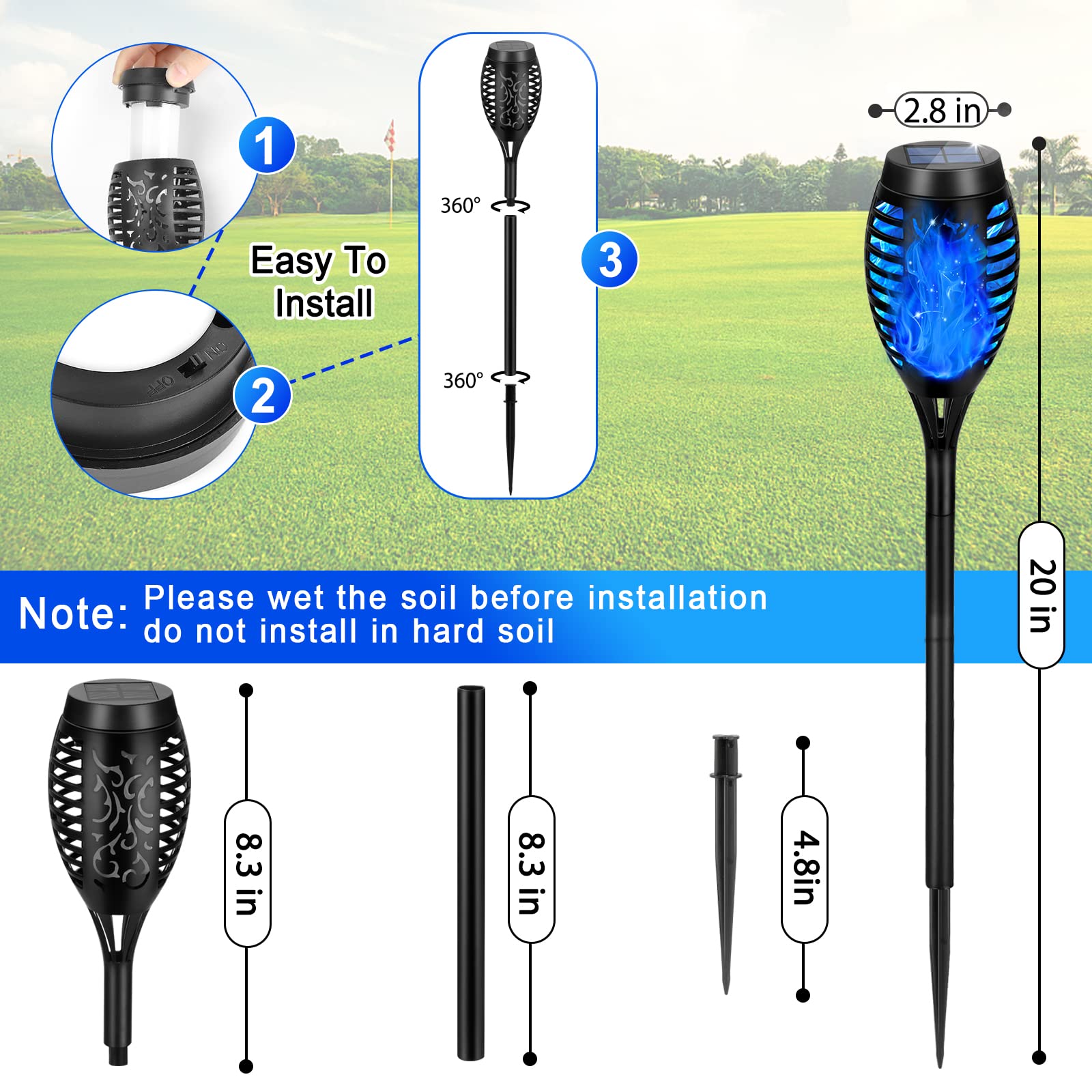 Upgraded Solar Lights Outdoor Waterproof Blue, Tancuzo 12 Pack Solar Torch Light With Flickering Flame, Mini Solar Outdoor Light