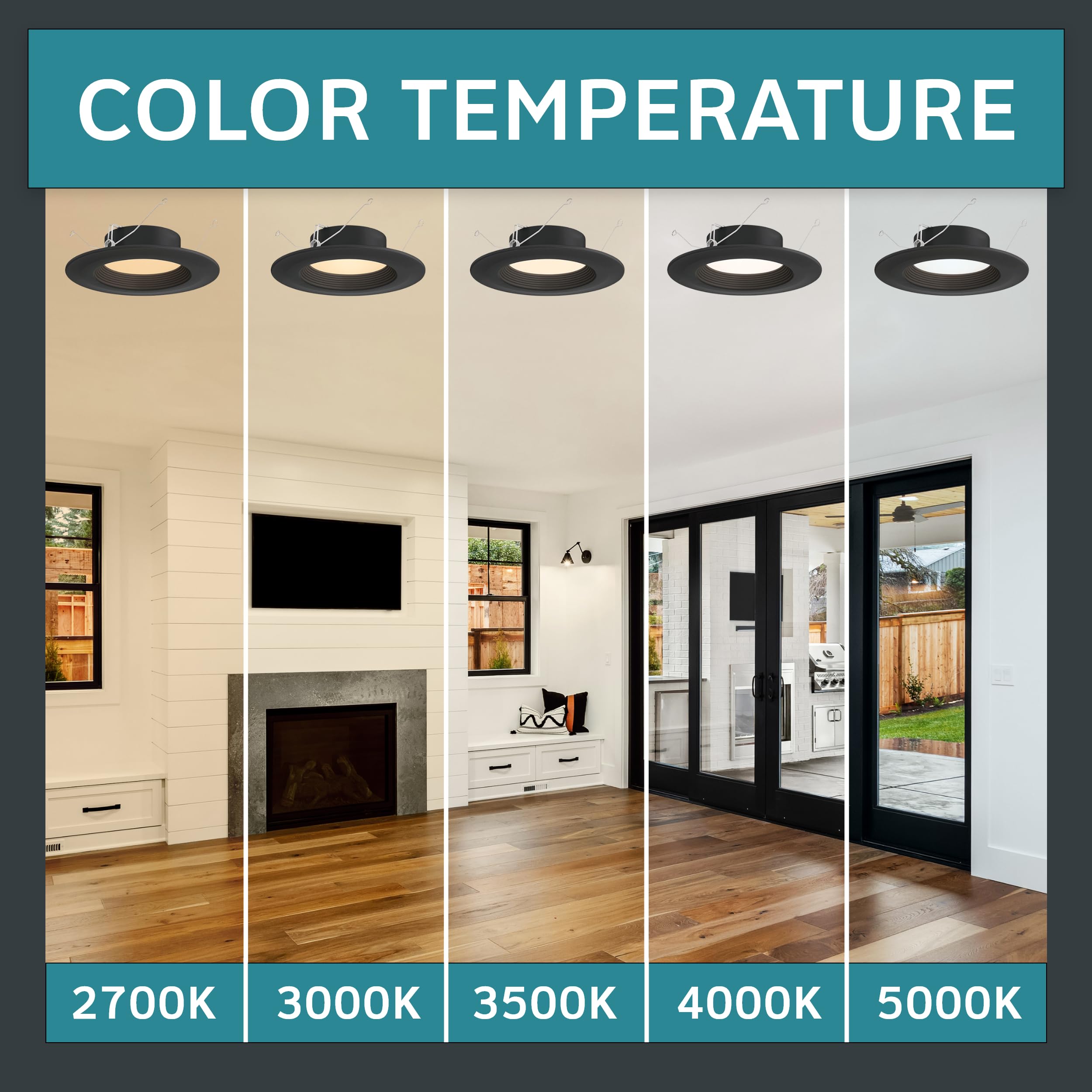DESIGNERS FOUNTAIN LED Recessed Ceiling Lights, 6 Pack, 5"/6", Dimmable, 1050 Lumens, Black Baffle Trim, Model RB6BK