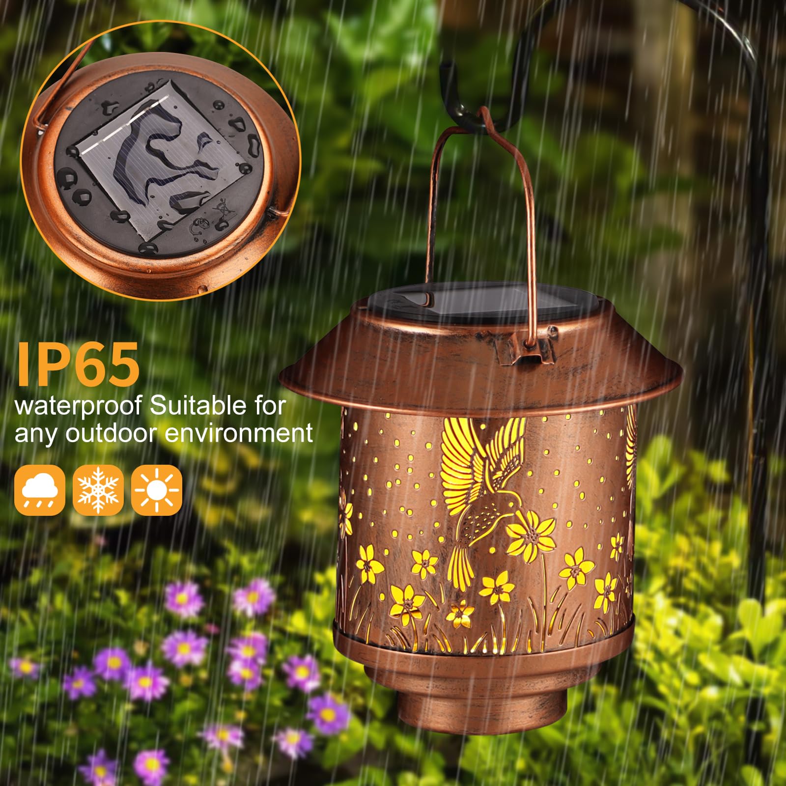 Outdoor Hanging Solar Lantern Waterproof Outside Metal Openwork Hummingbird Pattern Landscape Lights For Porch Garden Yard Patio