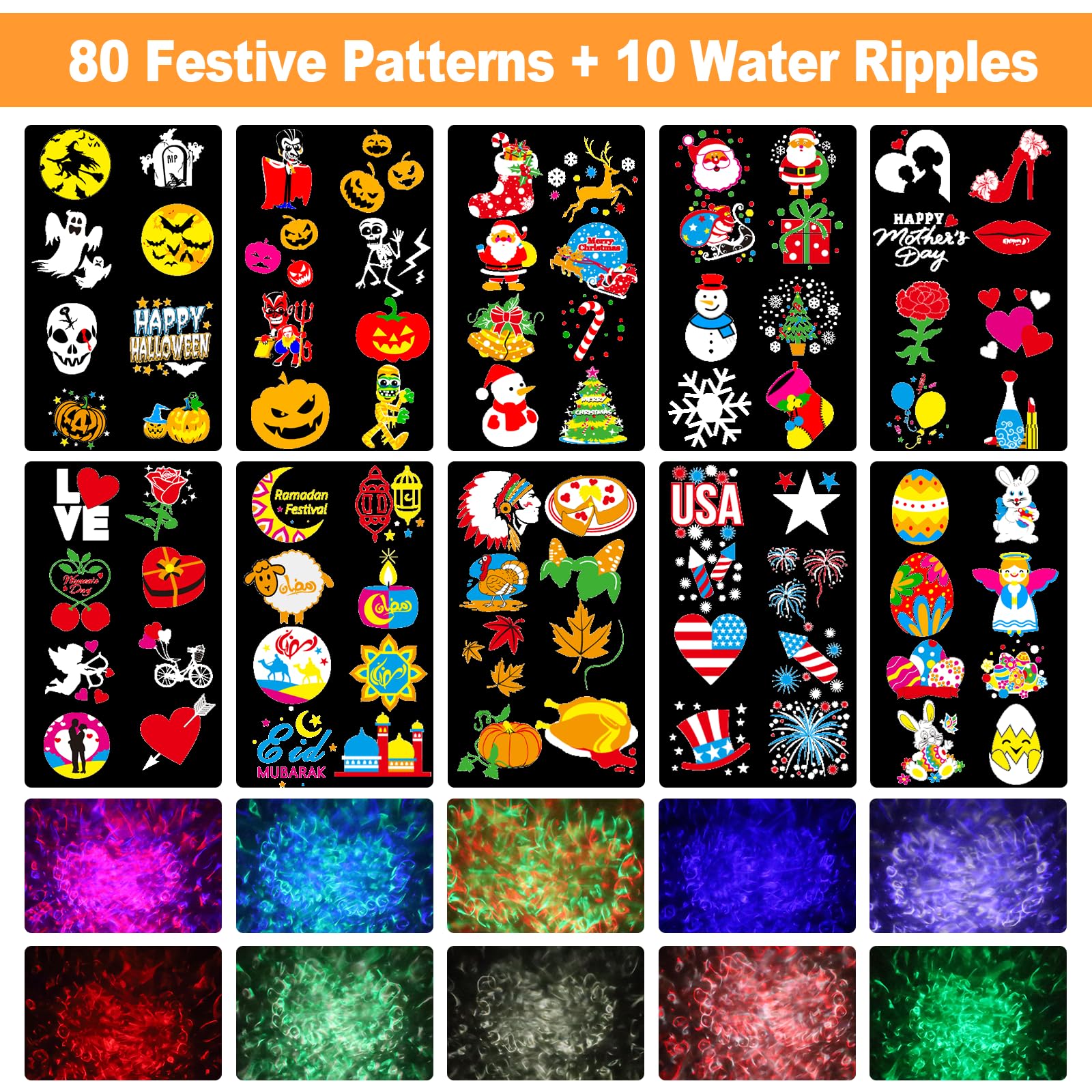 FLITI 2024 Valentine Projector Lights - 10 Slides, 8 Patterns, Black-A, TC18, 3D Ocean Wave, Holiday Home Decor