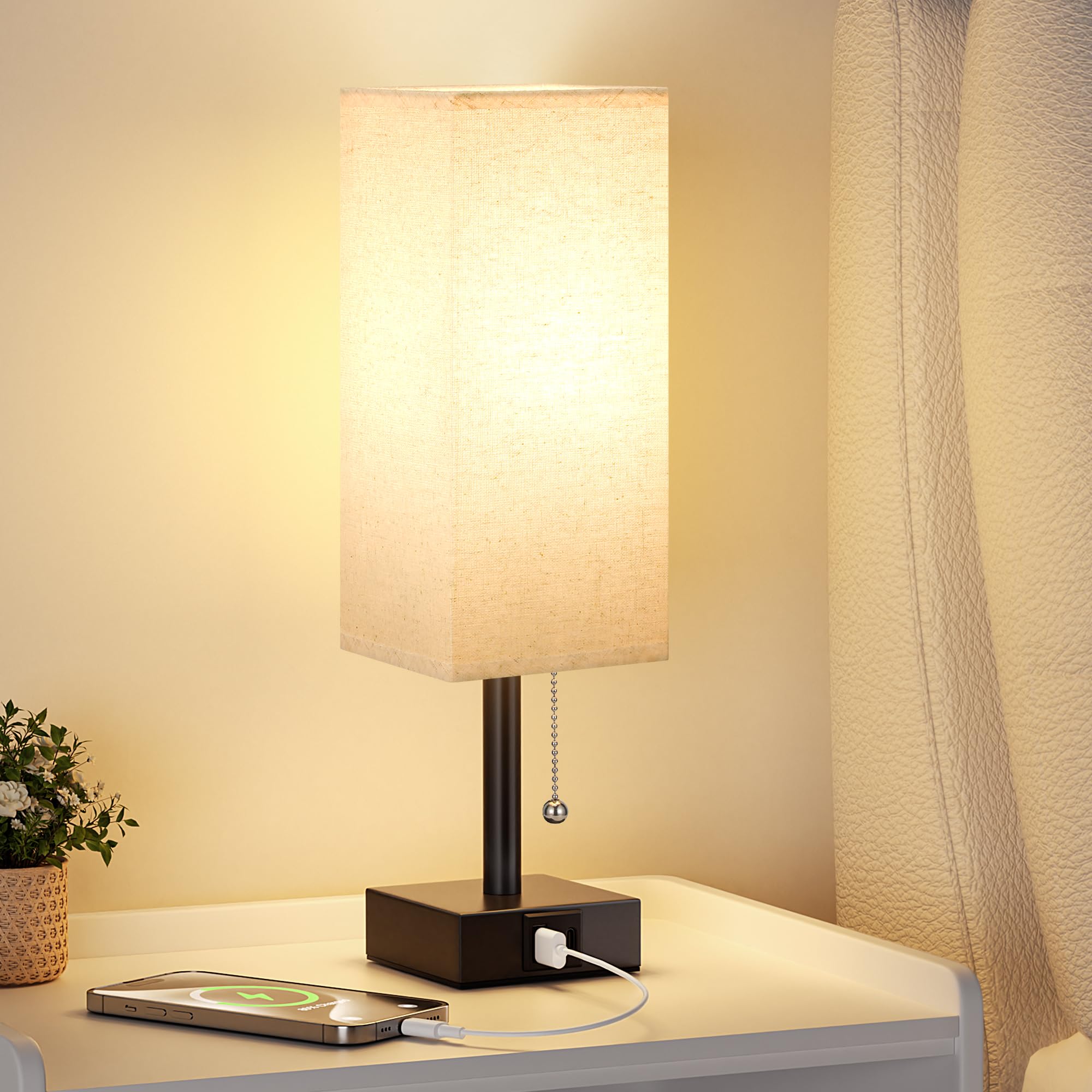 Small Linen Bedroom Lamp - 3 Color Temperature 3000K 5000K 4000K Bedside Lamp, Pull Chain Control, Usb A And C Charging Ports, Black Base, For Kids Office Dorm, Bulb Included