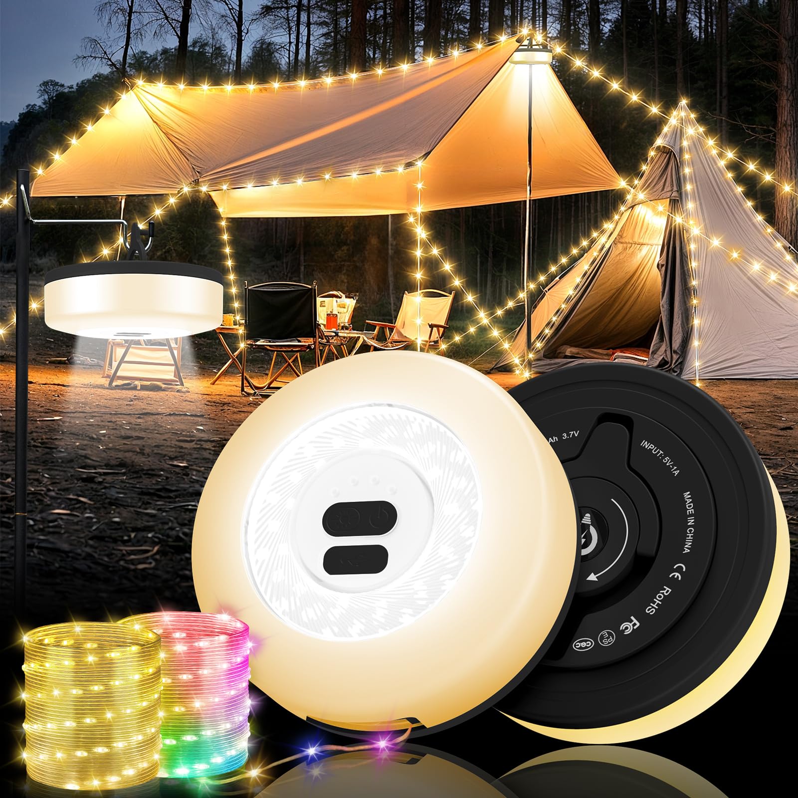 UGDLUCK Camping String Lights, 32.8FT Waterproof Tent Lamp, 9 Modes, Warm & RGB, Model CD013, 1PACK