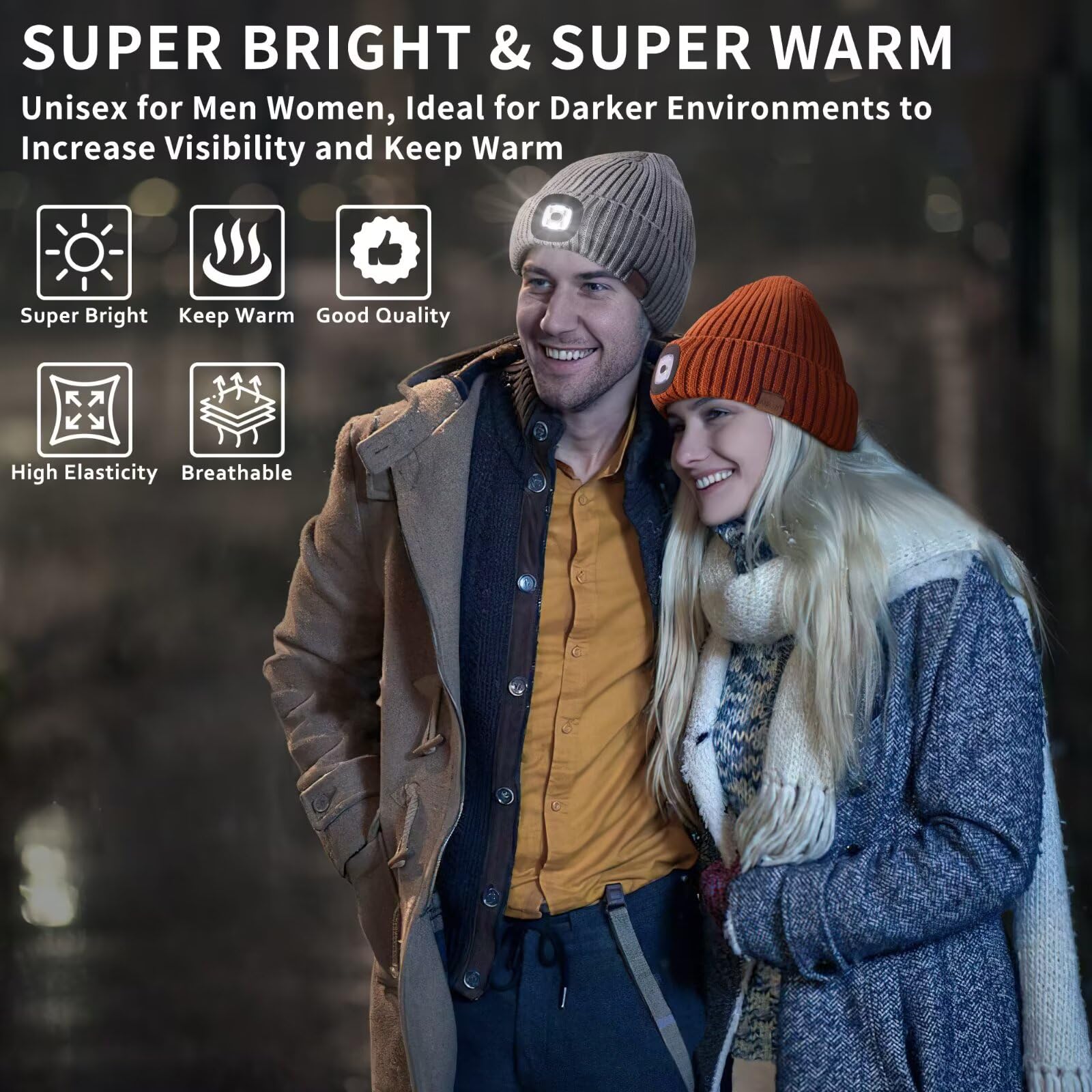 Beanie With Light For Men 2 Pack  Hat With Light Built In Rechargeable Winter Warm Knitted Headlamp Caps  Gift For Men Dads Husband Led Beanie Hats With Light(Black&Dark Orange)