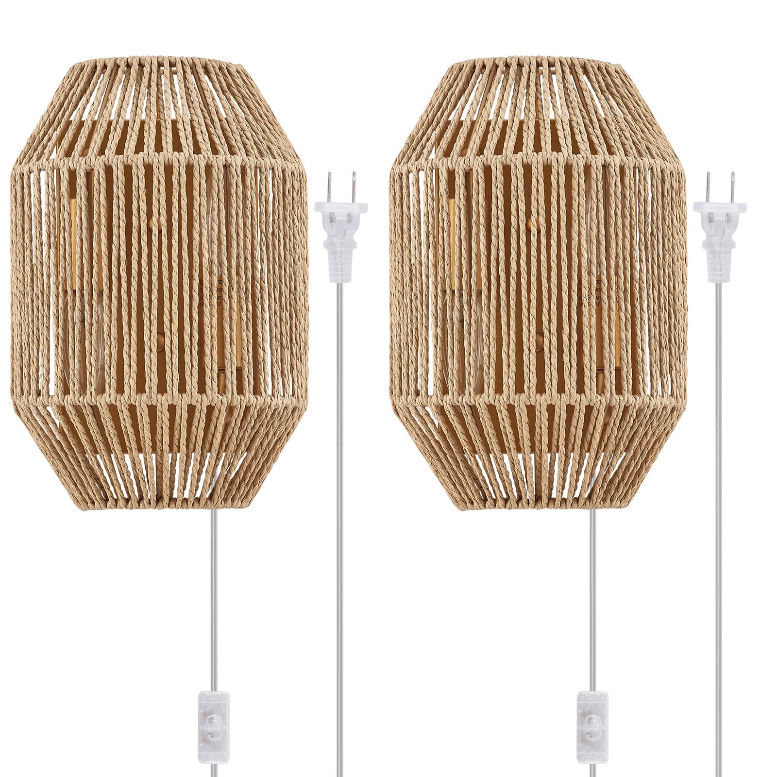 Mhytogn Natural Rattan Plug-In Wall Sconce Set Of 2, With Boho Woven Wicker Shade Antique Brass Brush Paint Finish For Vanity St