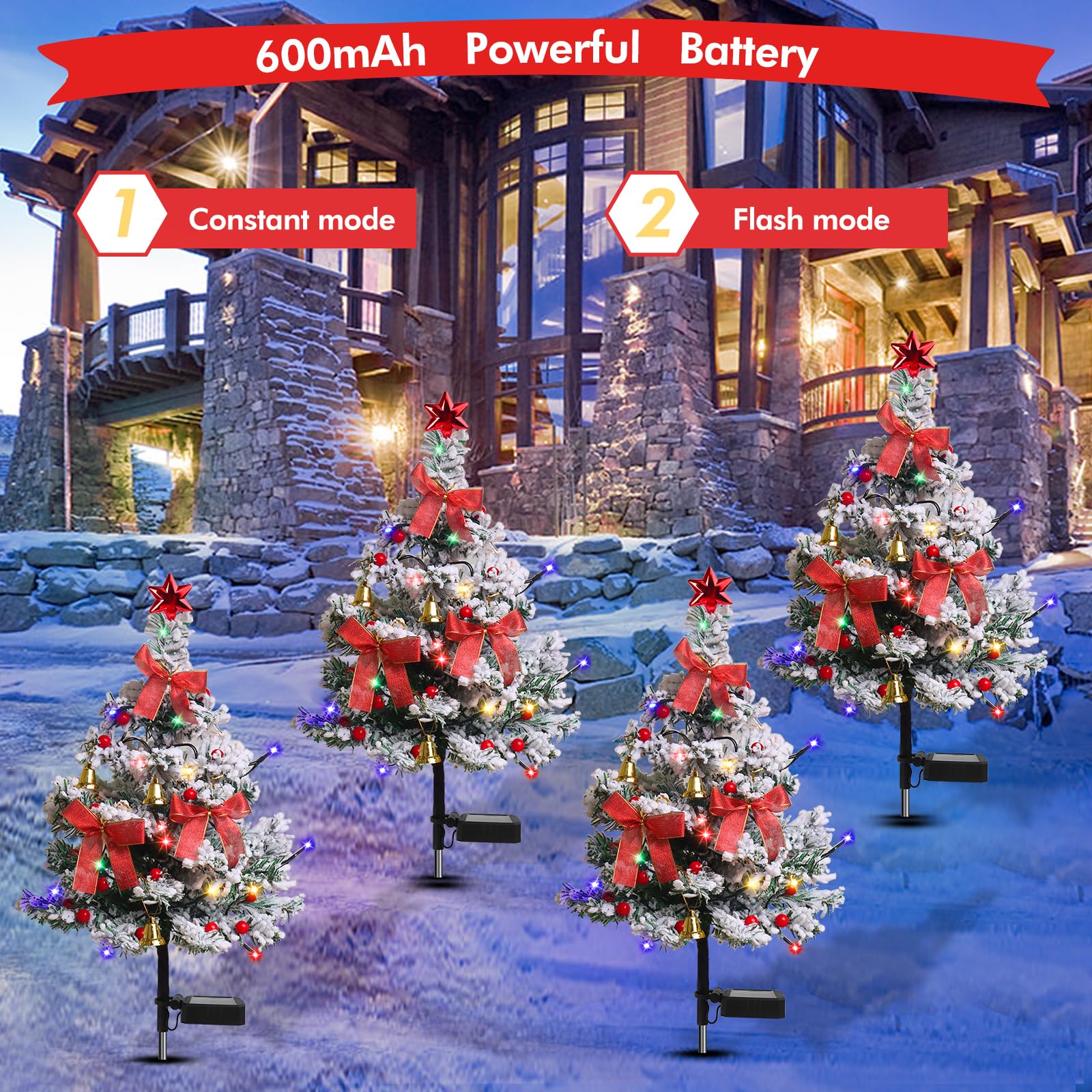 Solar Christmas Trees Decorations, 2 Pack Solar Powered Xmas Tree Lights, Pathway Lights With Multi-Color Lights Waterproof For