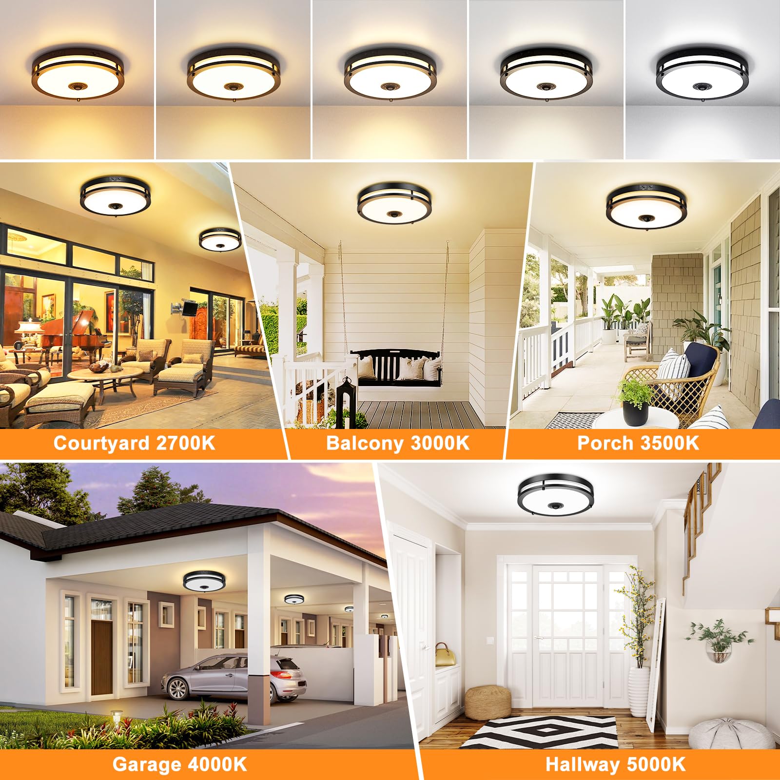 2 Pack 24W Led Motion Sensor Outdoor Ceiling Light, 12In 2700K/3000K/3500K/4000K/5000K Adjustable Ceiling Lights, Dusk To Dawn F