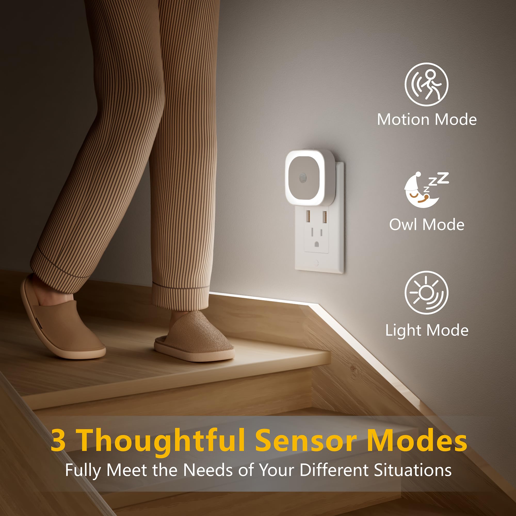 Yunlex 2 Pack Plug In Night Light With Motion Sensor & Dusk To Dawn Sensor, 3 Sensor Modes, Night Lights Plug Into Wall, Auto On