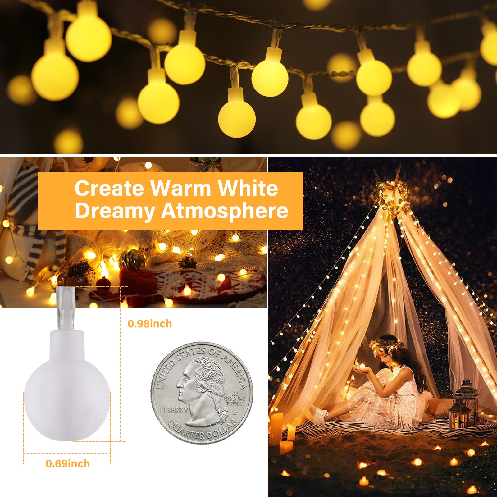 Minetom Globe String Lights, 100 LED Warm White Fairy Lights, 33Ft, 8 Modes, Indoor Outdoor Decor, Model 100L