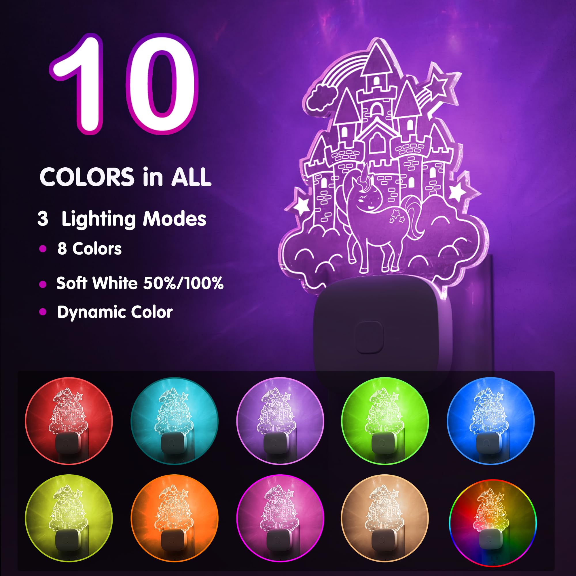 L LOHAS LED Night Light, Acrylic Carved Castle Design, 8-Color Changing, Dusk to Dawn Sensor, Model GY10309CAUS, Plug-in for Kids