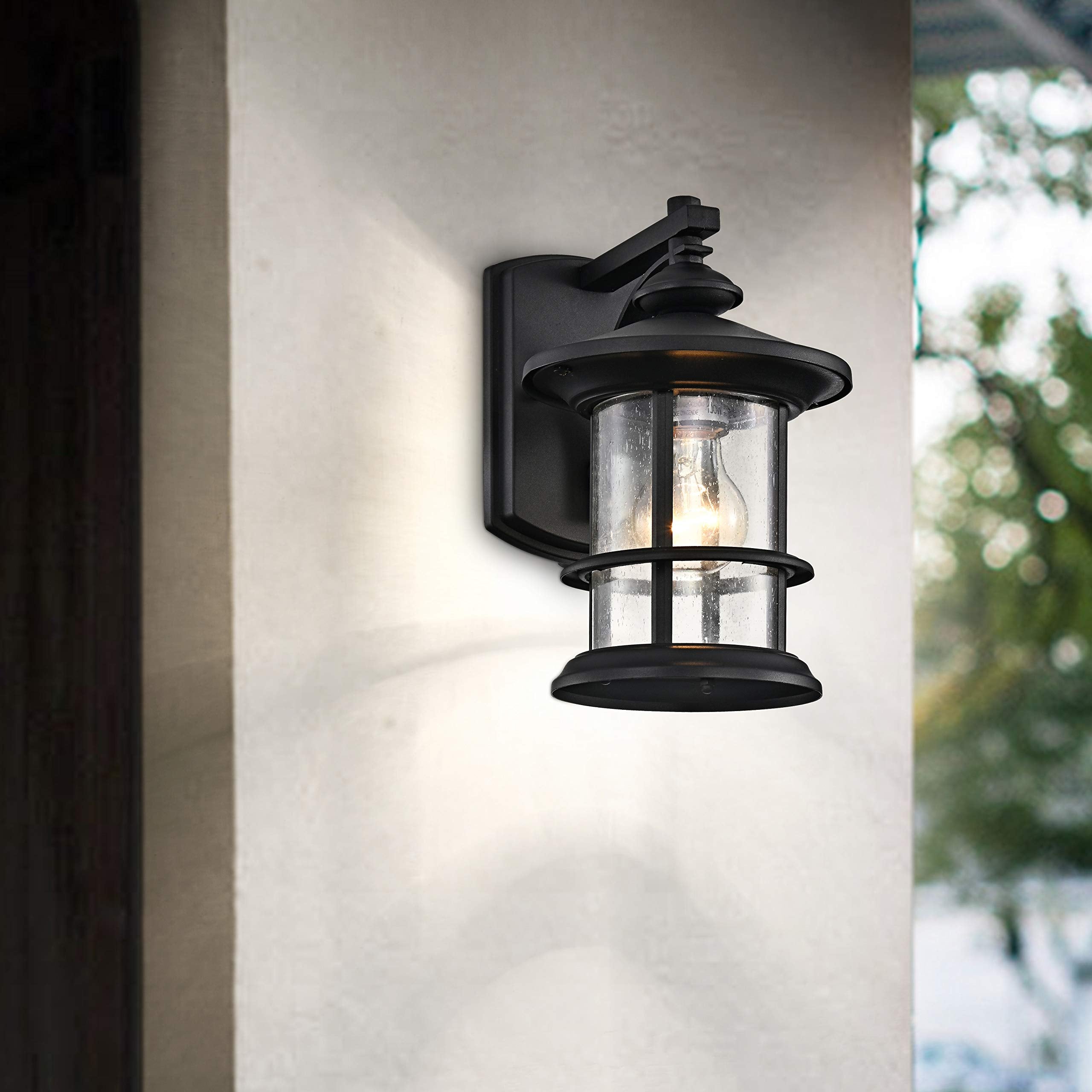Micsiu Black Outdoor Wall Sconce 2 Pack, Waterproof Metal Fixtures With Clear Seedy Glass, 10 Height For Porch, Patio, Backyard