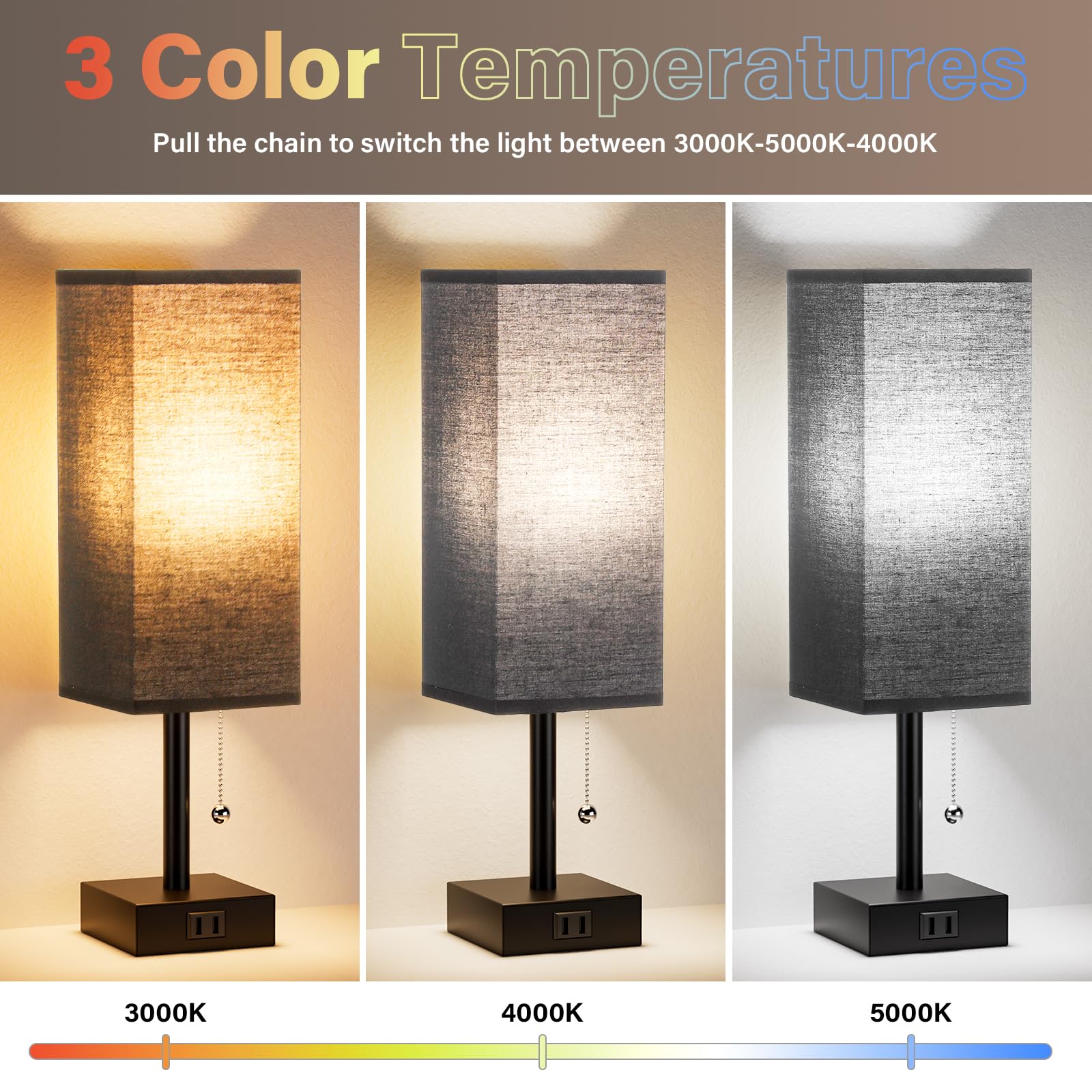 Fenmzee Black Table Lamps For Bedroom Set Of 2 - Nightstand Lamp With Ac Outlet Charging Port, 3 Color Temperatures Desk Light W